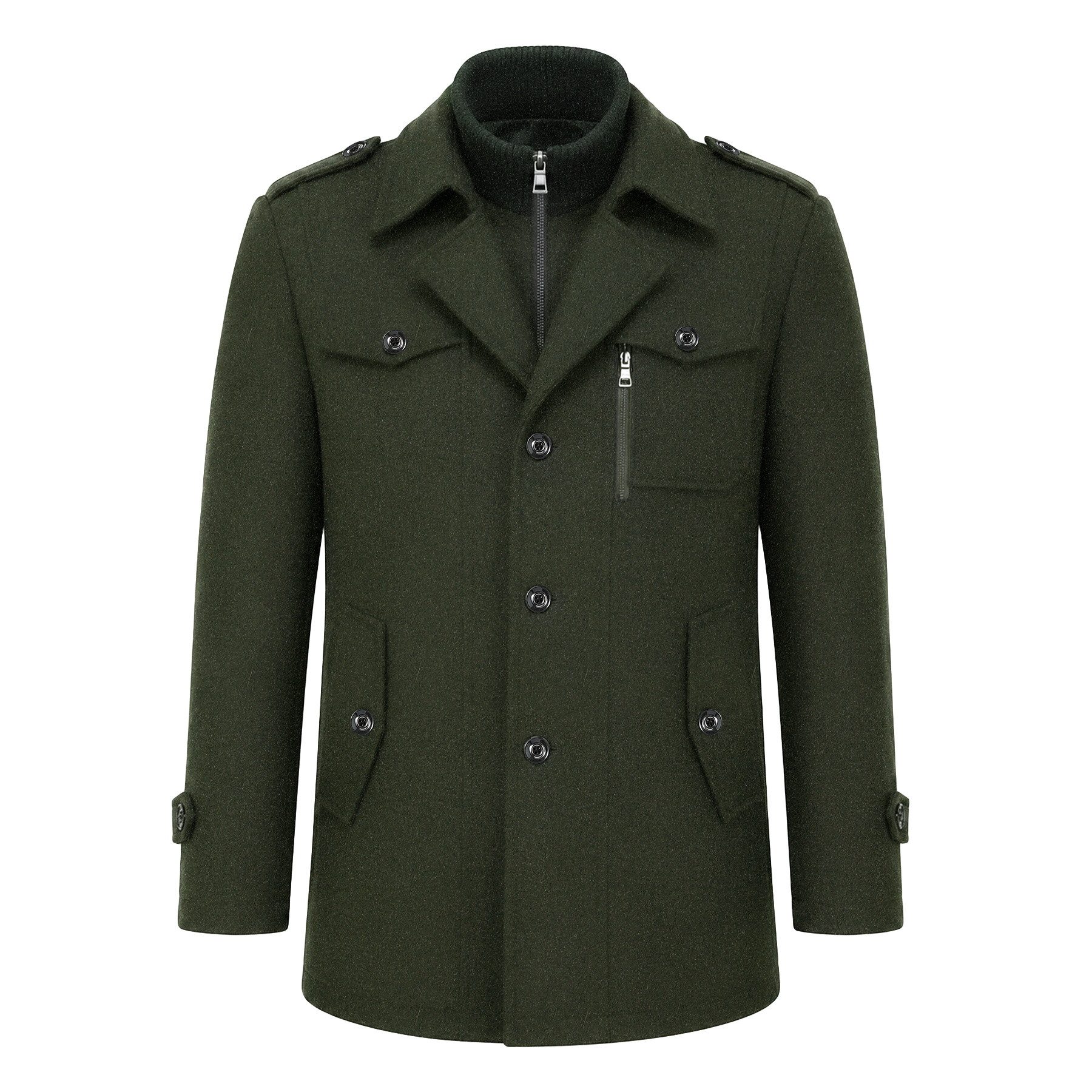 Allthemen Kurzmantel Herren Slim Fit Wollmantel mit abnehmbarem Doppelkragen Wintermantel