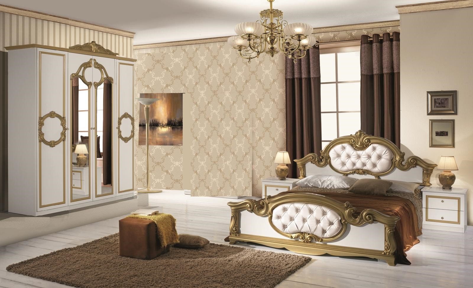 Interdesign24 Schlafzimmer-Set Barokko, (im ausgefallenem Barock-Stil, 4-Teilig, inkl. Spiegeltüren und Polsterung im Kopf- und Fußteil), Bett 160 x 200 cm, in Hochglanz Weiß/Gold