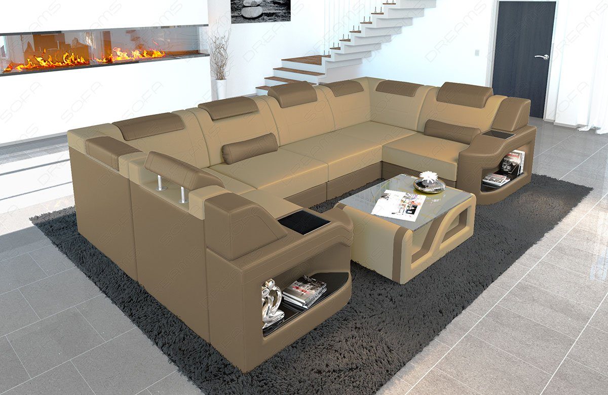 Bettfunktion mit Sofa Padua Polster wahlweise Stoffsofa Dreams Design Stoff U M Form Sofa, Wohnlandschaft beige-sandbeige Couch Mikrofaser