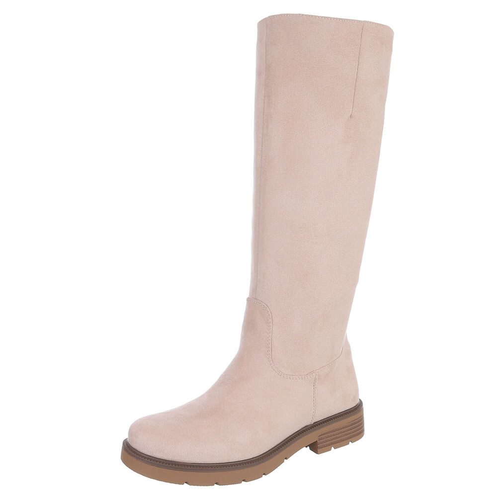 Ital-Design Damen Langschaftstiefel mit Reißverschluss und Profilsohle Stiefel (92299642) Blockabsatz Flache Stiefel in Beige