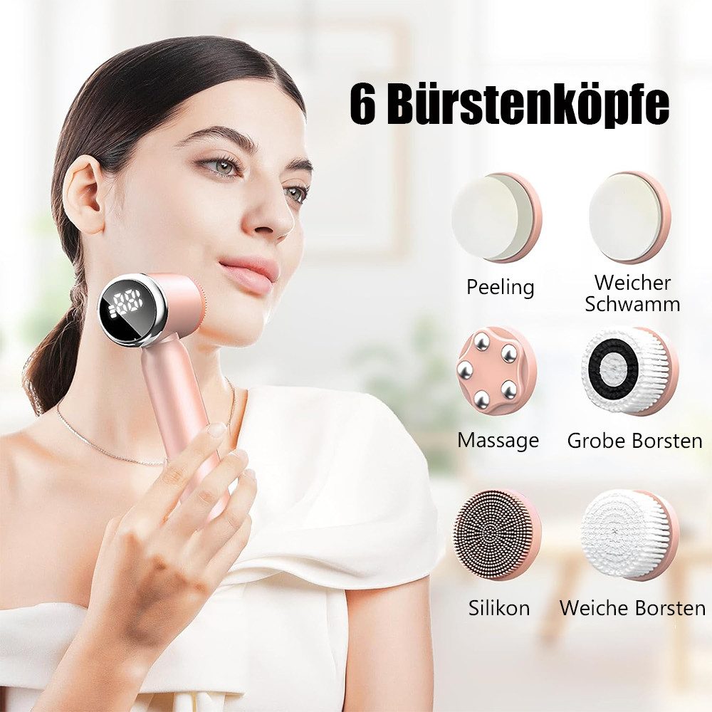 TUWENA Gesichtsbürstenaufsatz 6 in 1 Elektrische Gesichtsreinigungsbürste mit 3 Modi 6 Bürsten, Wasserfest Tiefenreinigung zur Poren- Peeling- und Mitesserreinigung