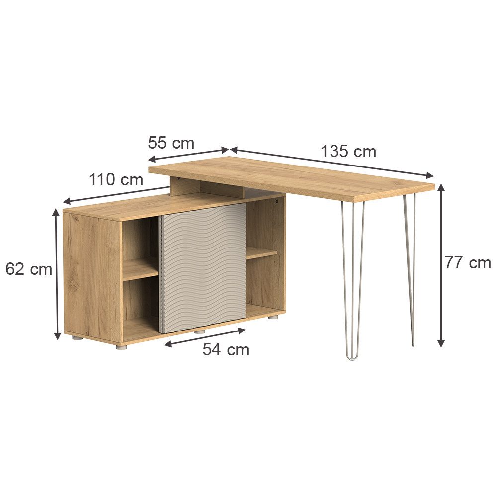 Vicco Eckschreibtisch Notivo, Cashmere/Cashmere, 135 x 55 cm mit Aktenschrank (1-St)