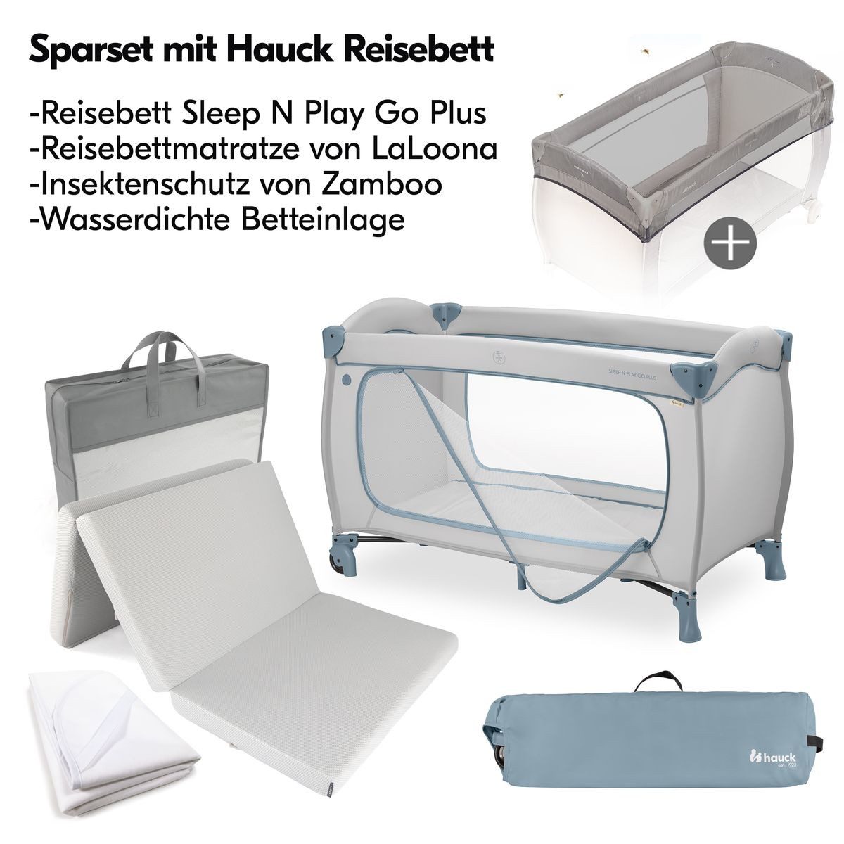 Hauck Baby-Reisebett Sleep N Play Go Plus Set - Dusty Blue, Baby Kinderreisebett mit Matratze, Betteinlage & Insektenschutz