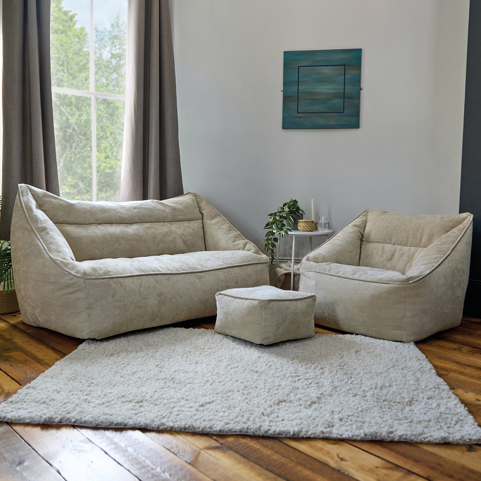 icon Sitzsack Sofa und Sessel aus Chenille „Cecilia" mit Sitzpouf (Spar-Set, 1 x Sofa, 1 x Sessel, 1 x Hocker), Made in Germany, für Erwachsene, Sitzsack XXL