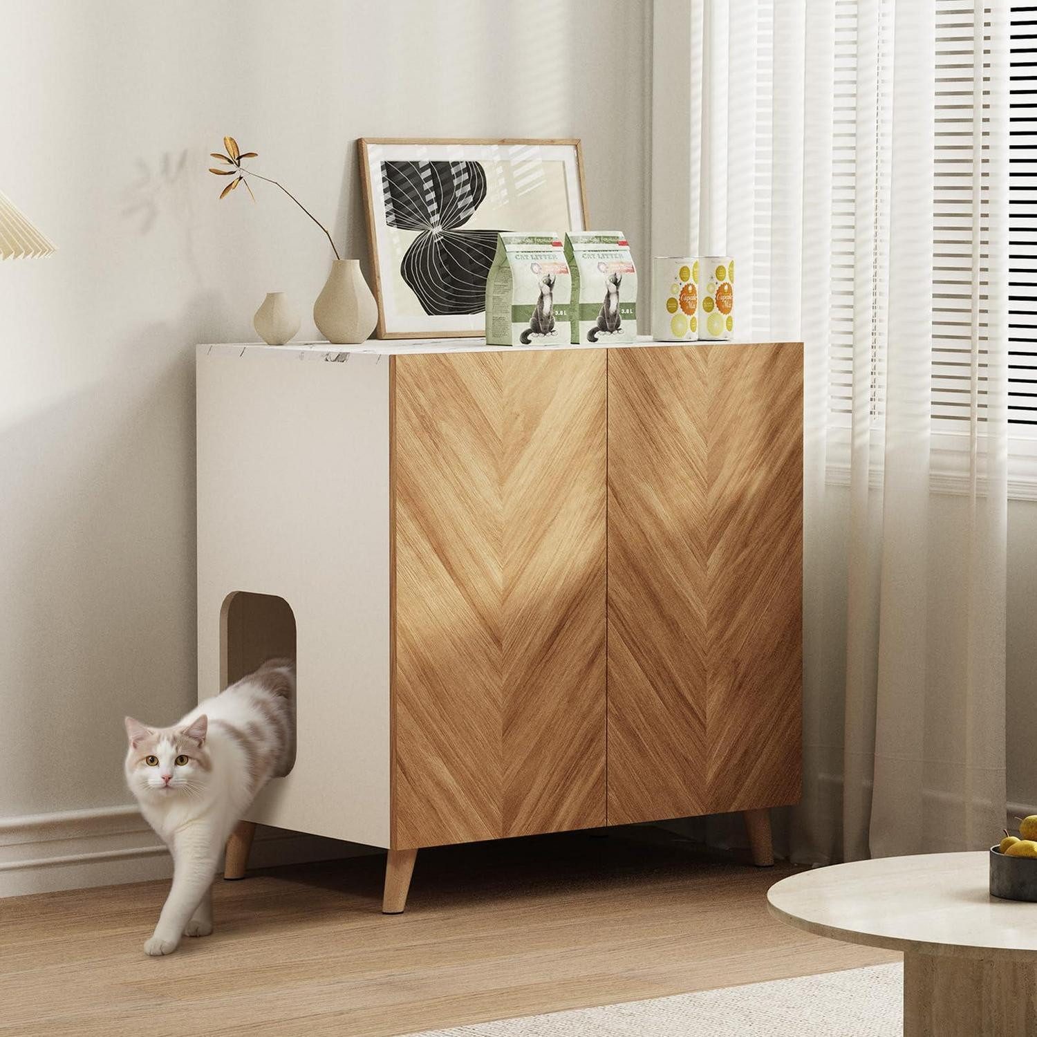 LuxusKollektion Katzentoilette Katzentoilette Holz mit Fischgrätenmuster Weiß