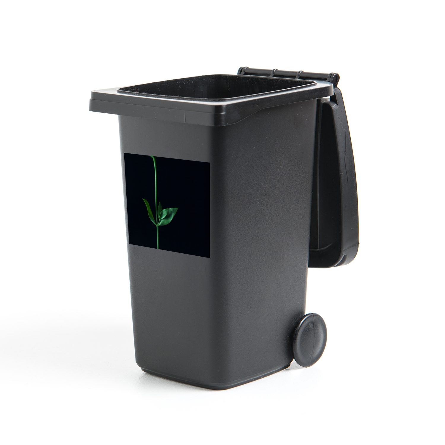 MuchoWow Wandsticker Ein grüner Stiel mit zwei Blättern auf schwarzem Hintergrund (1 St), Mülleimer-aufkleber, Mülltonne, Sticker, Container, Abfalbehälter