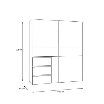 FORTE Schwebetürenschrank WINN, 2-türig, B 170 x H 201 x T 61 cm, Artisan Eiche Dekor, Concrete Dark Dekor, 2 Türen, 3 Schubladen