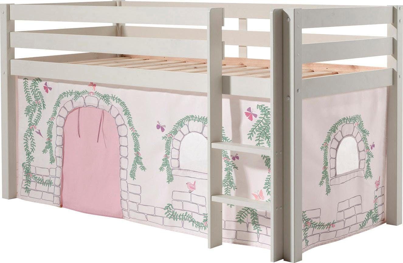 Vipack Hochbett Pino, Spielbett massiv Kiefer, stabil gebaut, 3 Korpusfarben zur Wahl (inkl. Rolllattenrost, Leiter und Absturzschutz, mit oder ohne Rutsche) Textil-Set "Astronaut", inkl. Vorhang, mit oder ohne Tunnel