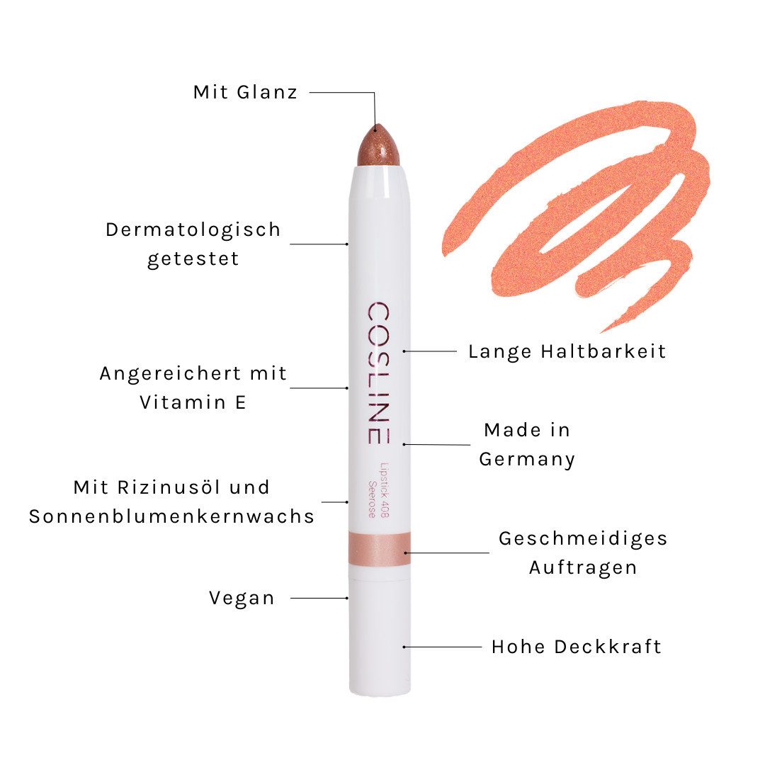 Cosline Cosmetics Lippenstift langanhaltend, pflegend, cremige Textur, mit natürlichen Inhaltsstoffen, Made in Germany