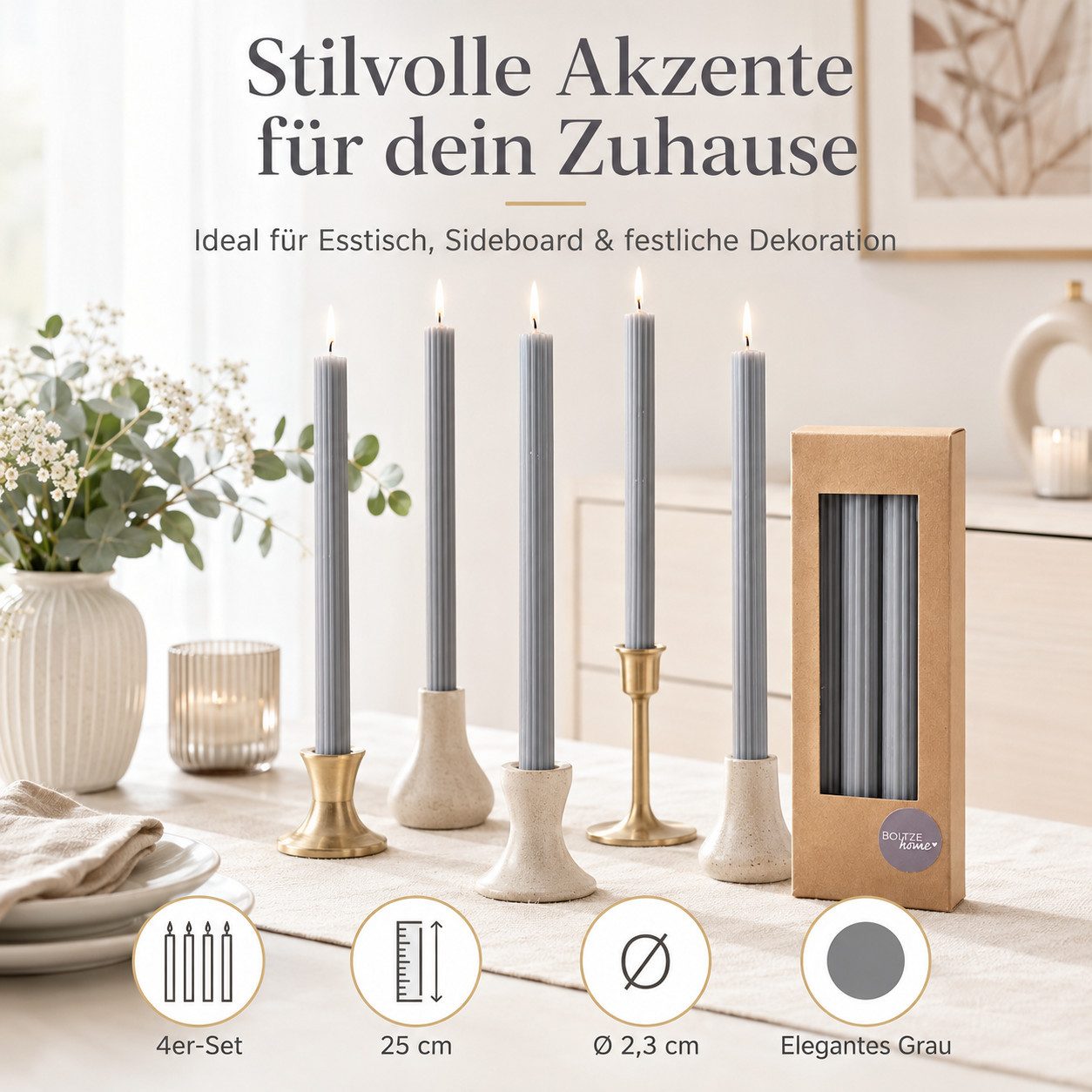 BOLTZE Tafelkerze Stabkerzen Klassik Grau 4er-Set mit Rillen 25 cm
