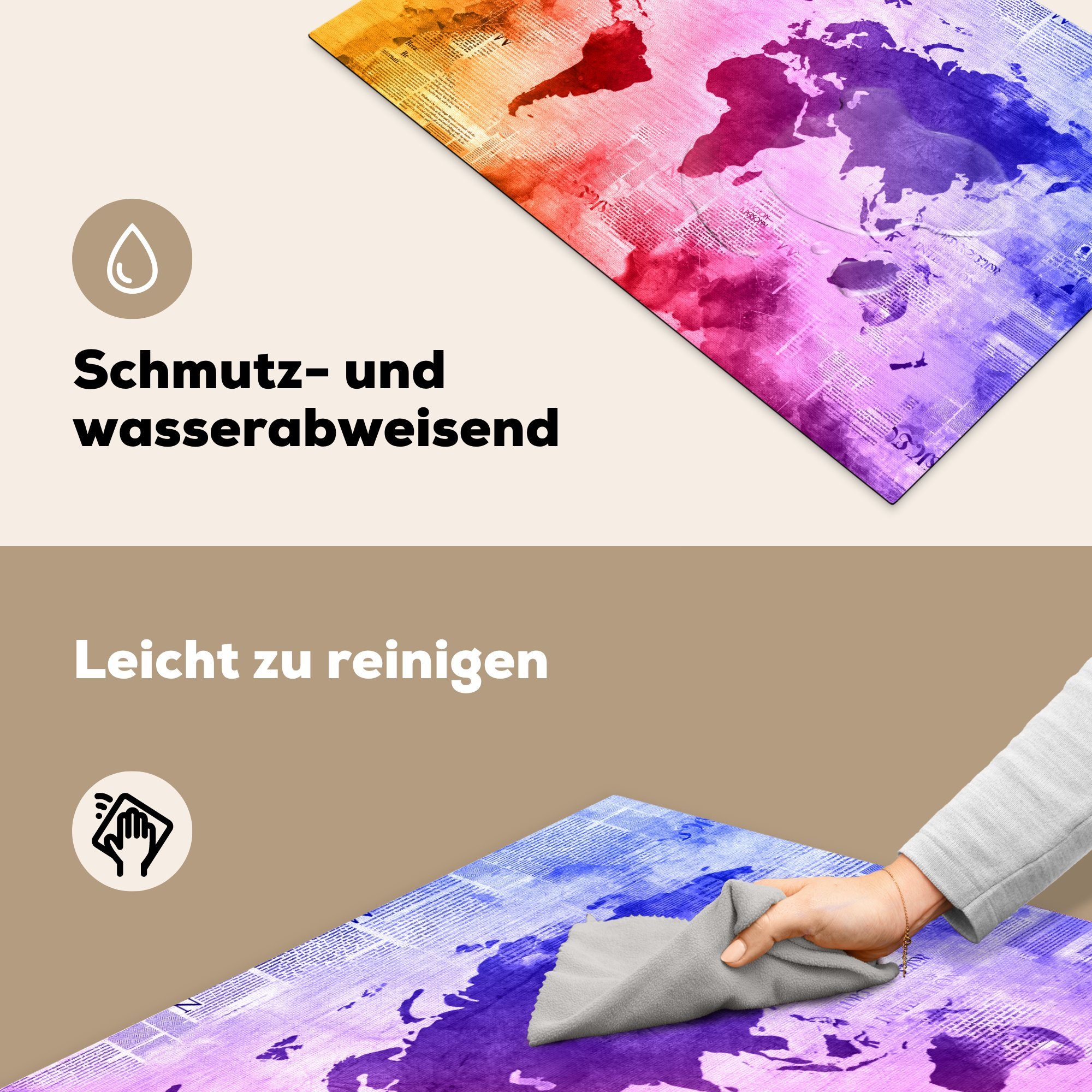 Ceranfeldabdeckung Induktionskochfeld küche, 81x52 MuchoWow (1 Regenbogen, Schutz Weltkarte Vinyl, die - - für Herdblende-/Abdeckplatte cm, Aquarell tlg),