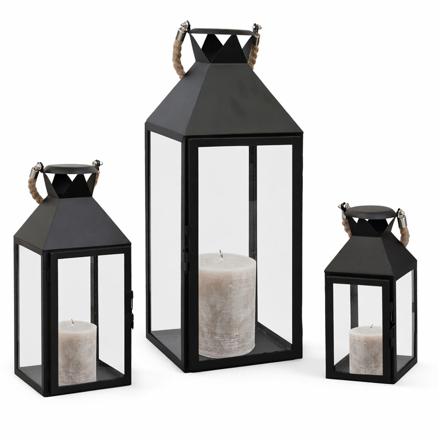 Mojawo Laterne 3er Laternen Set Stalllaterne Windlicht Schwarz Metall H25/40/51cm