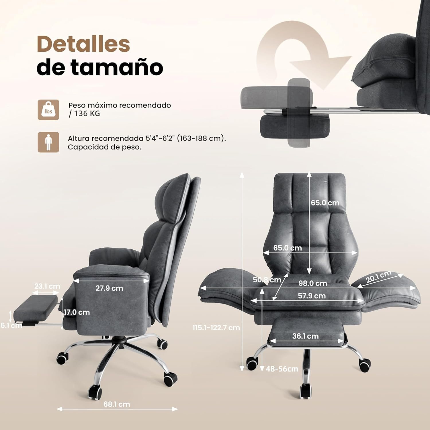 Patbrela Drehstuhl Bürostuhl Chefsessel Ergonomisch mit klappbaren Armlehnen – Bild 3 von 5