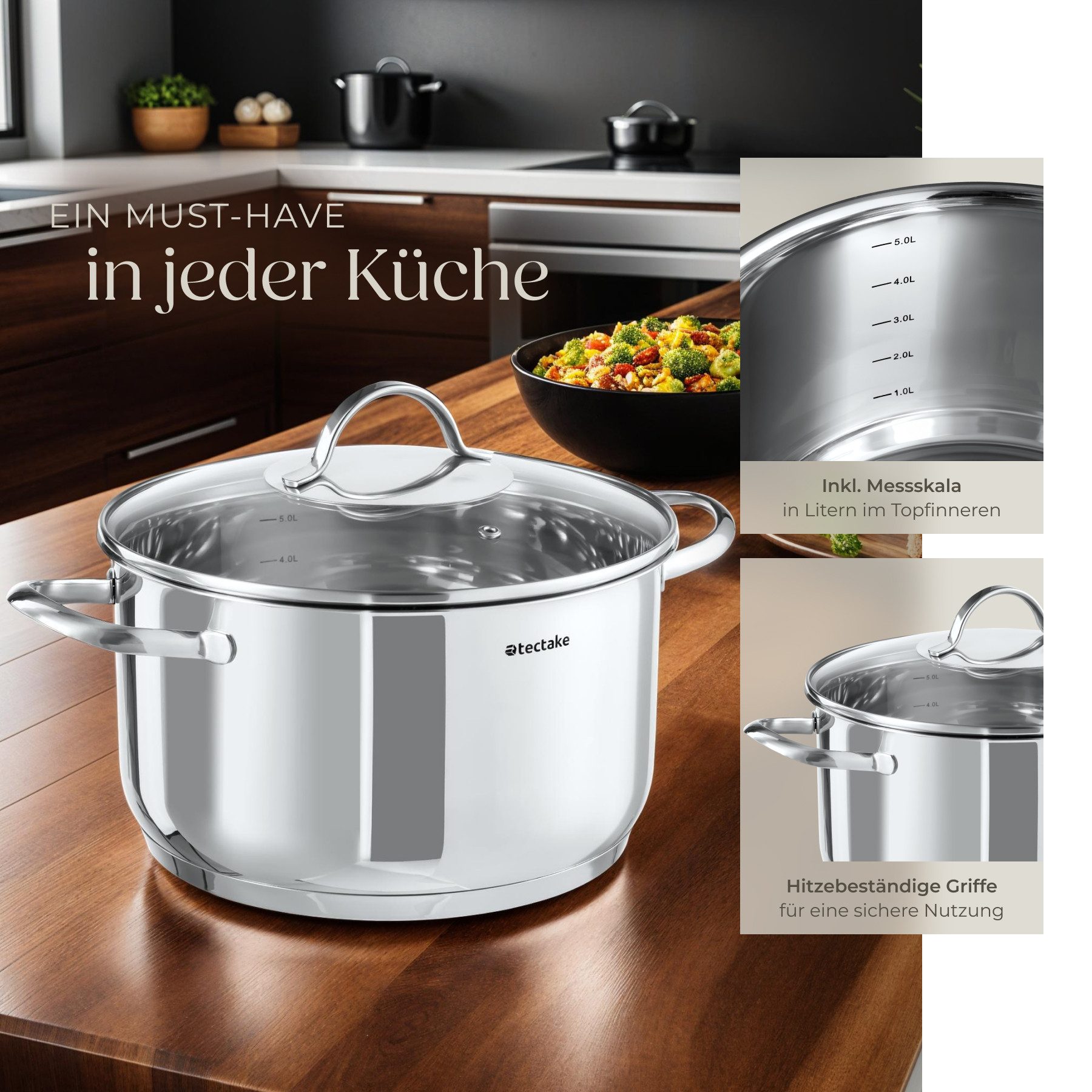 tectake Topf-Set Kochtopfset, Edelstahl (Komplettset, 7-tlg), 7-teilig, aus Edelstahl, für Induktion geeignet