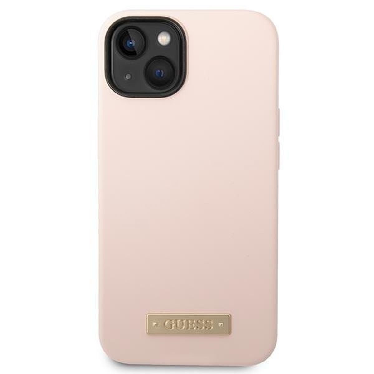 Guess Handyhülle Guess Apple iPhone 14 Plus Hard Case Silicone Logo Plate MagSafe Cover Schutzhülle Rosa