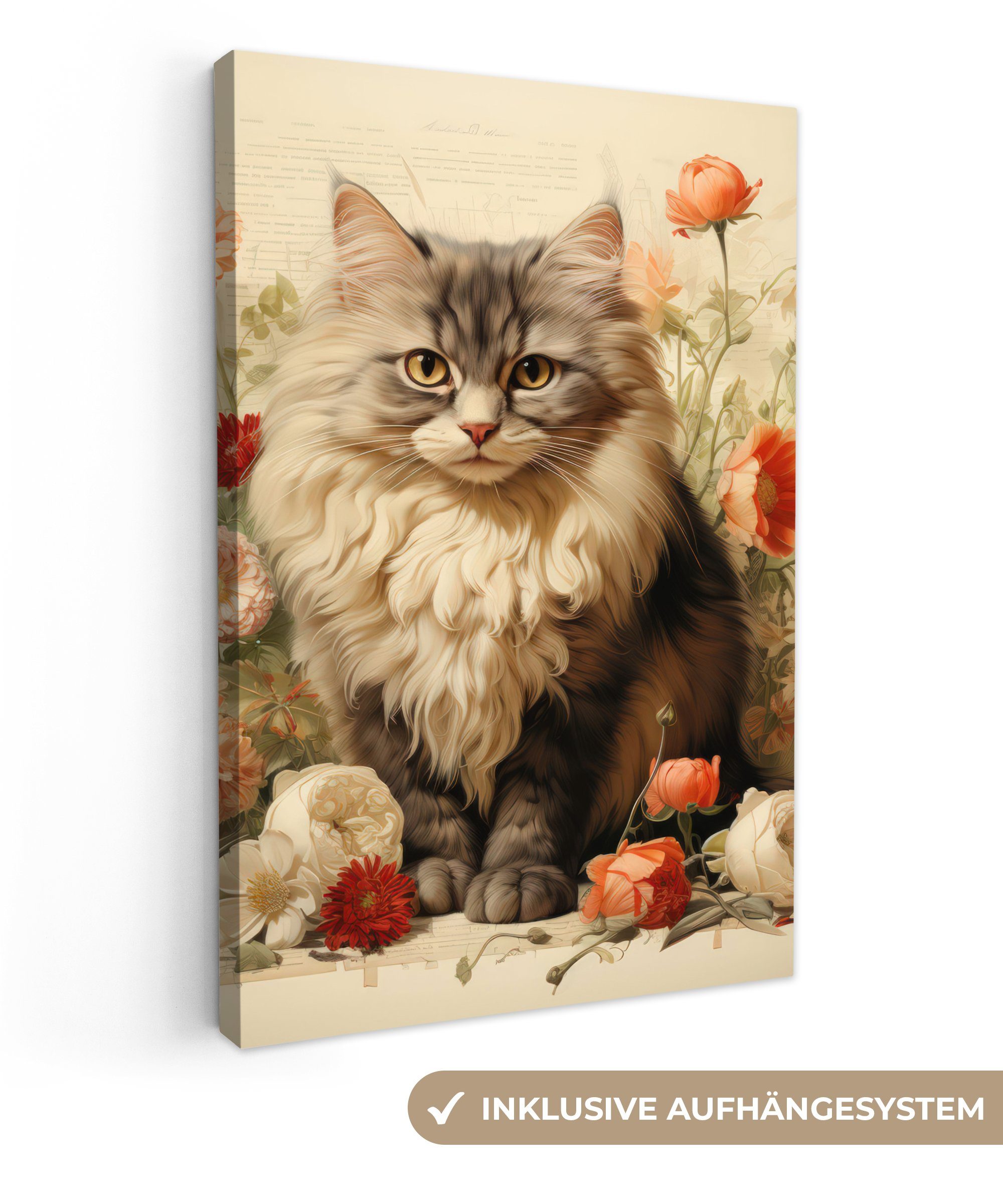OneMillionCanvasses® Leinwandbild Vintage - Katze - Blumen - Weiß - Natur - günstig online kaufen