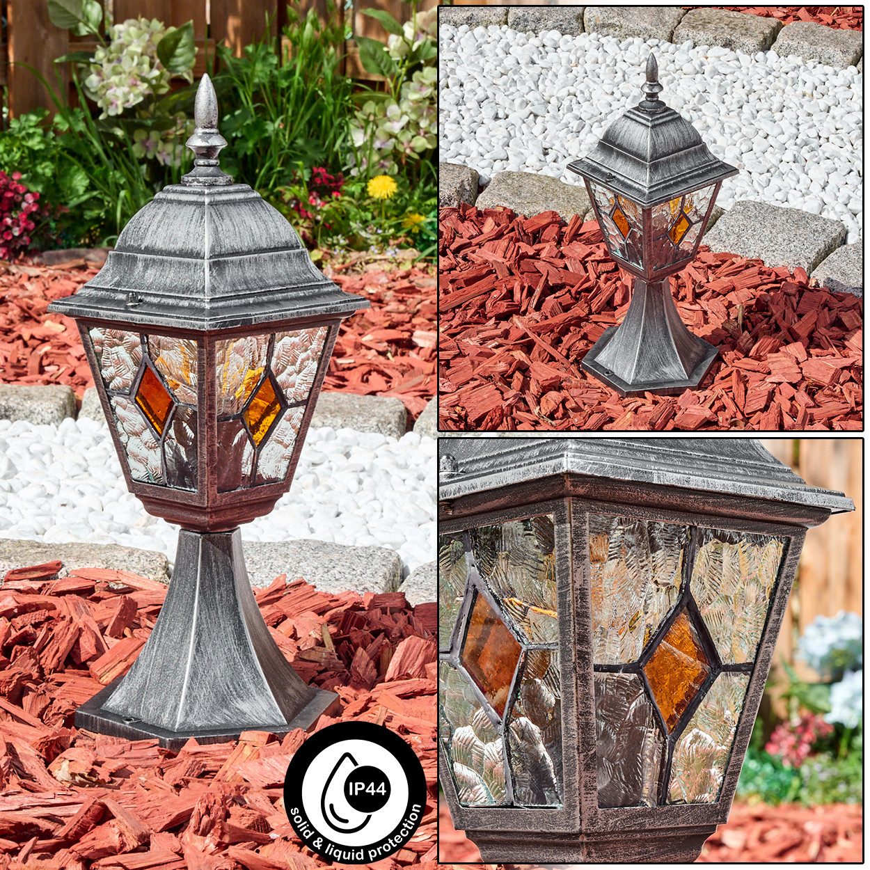 hofstein Pollerleuchte Außenwegeleuchte aus Metall/Glas in Schwarz/Silber/Klar/Orange, Wegelampe im Antik/Landhaus/Vintage/Retro-Design, Höhe 40cm, E27, IP44