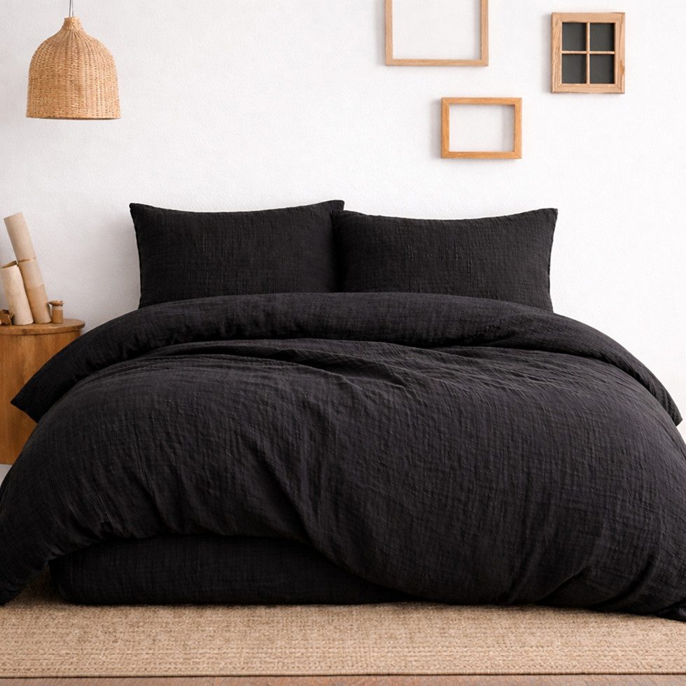 Sandiik Bettwäsche Musselin Bettwäsche in Pure Black aus 100% Baumwolle, 100% Baumwolle, mit Reißverschluss, made in Portugal