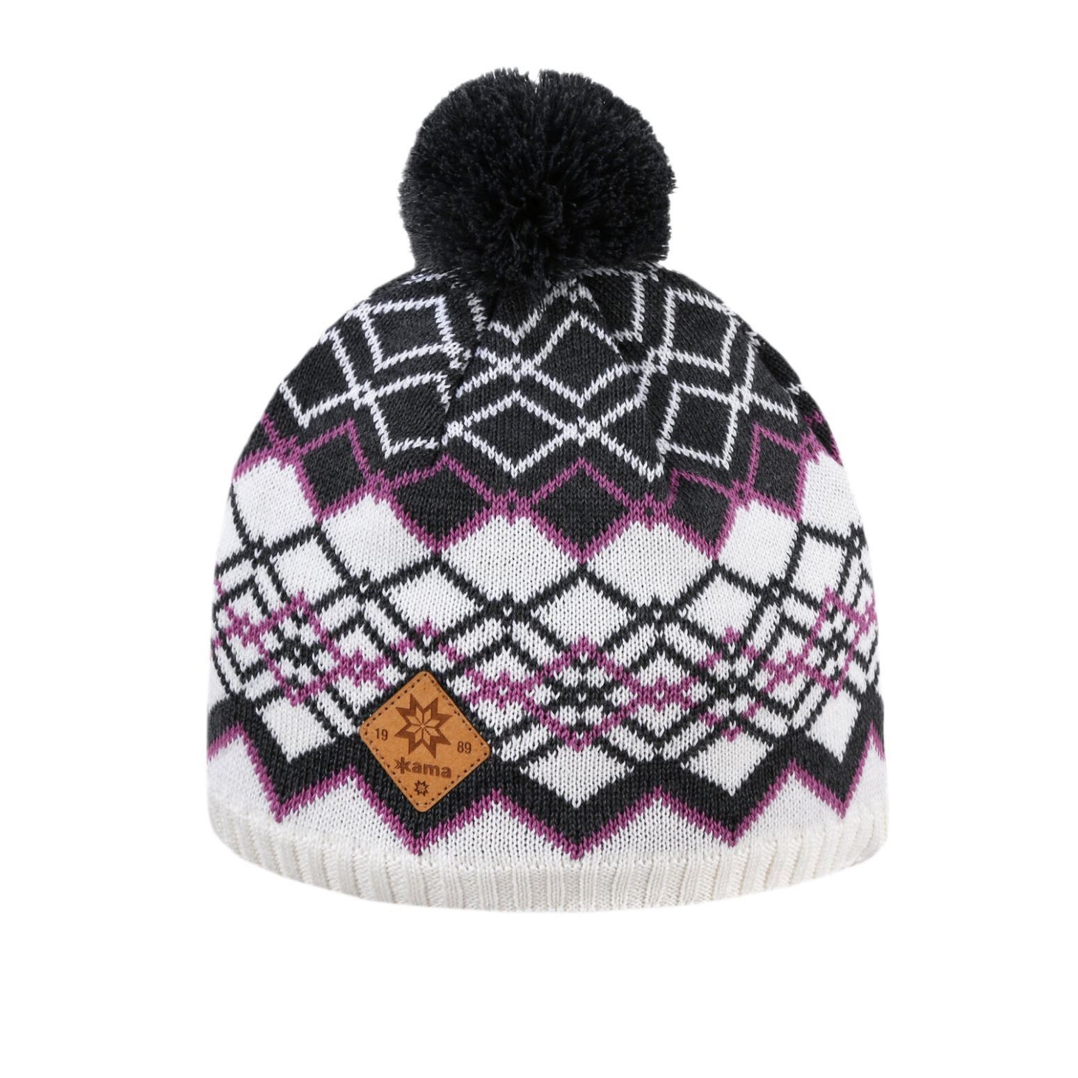Strickmütze (Bommel) A172 Merino - Damen weiss/schwarz- 1 Stück