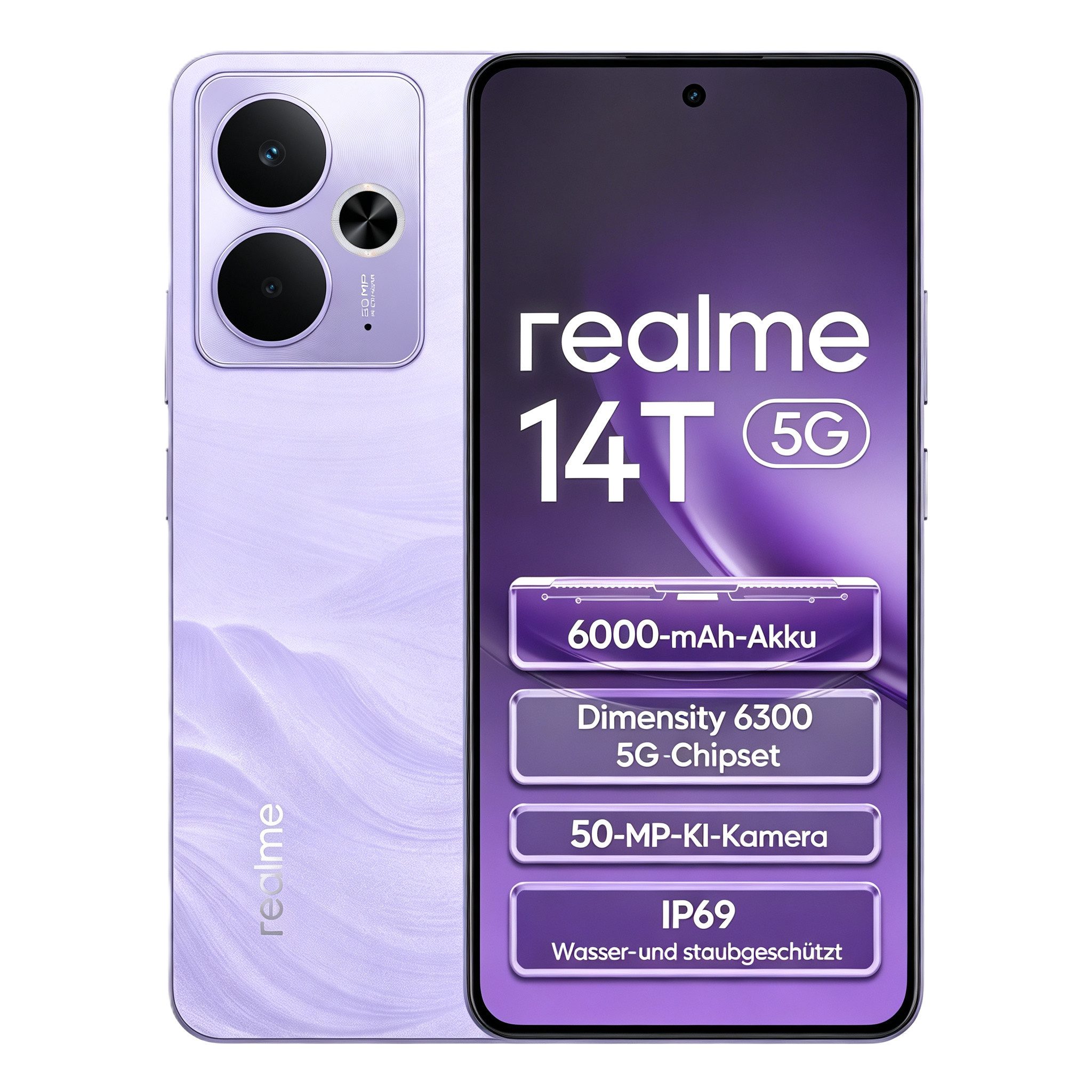 Realme 14T 5G Smartphone, IP69, 6000mAh 120Hz AMOLED Display Handy 8GB+256GB Smartphone (6,67 Zoll, 256 GB Speicherplatz, 50 MP Kamera, Android 15, 50MP AI Kamera, DIMENSITY 6300)