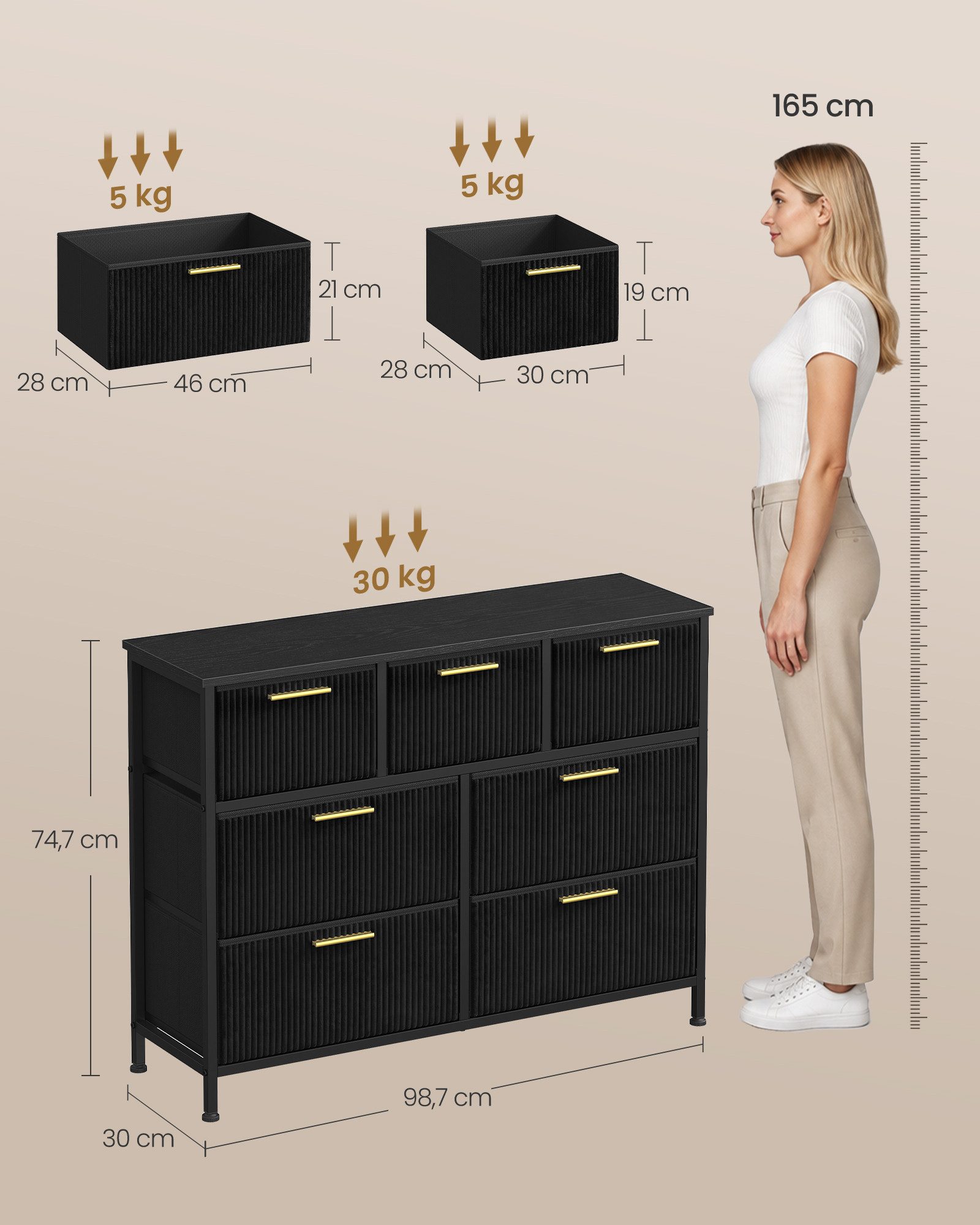 SONGMICS Kommode Wohnzimmerschrank im Cord-Design, Kommode mit 7 Schubladen, 98,7 x 30 x 74,7 cm, Tintenschwarz – Bild 3 von 5