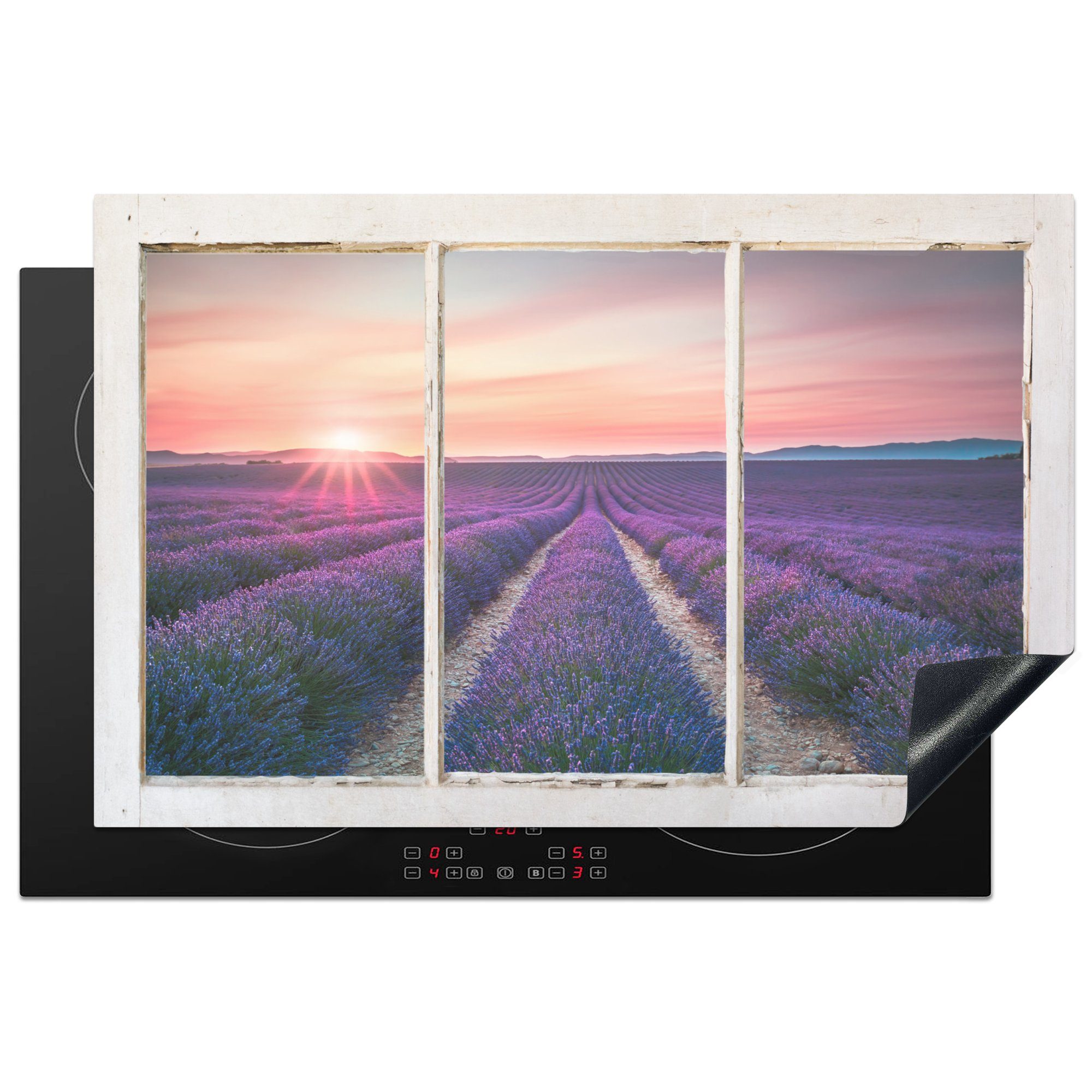 die - Sonnenuntergang, Herdblende-/Abdeckplatte (1 Induktionskochfeld Ceranfeldabdeckung Lavendel Schutz - Vinyl, tlg), MuchoWow küche, Ausblick für 81x52 cm,