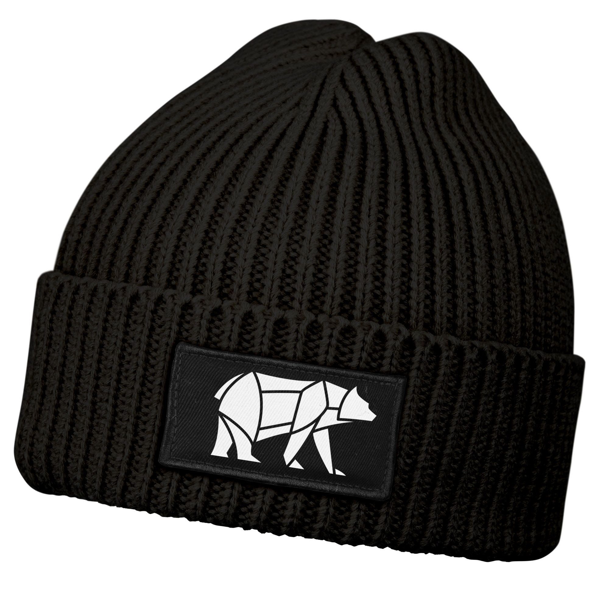 Strickmütze Damen Beanie Wintermütze mit Patch Bär Lineart Polygon Natur Outdoor
