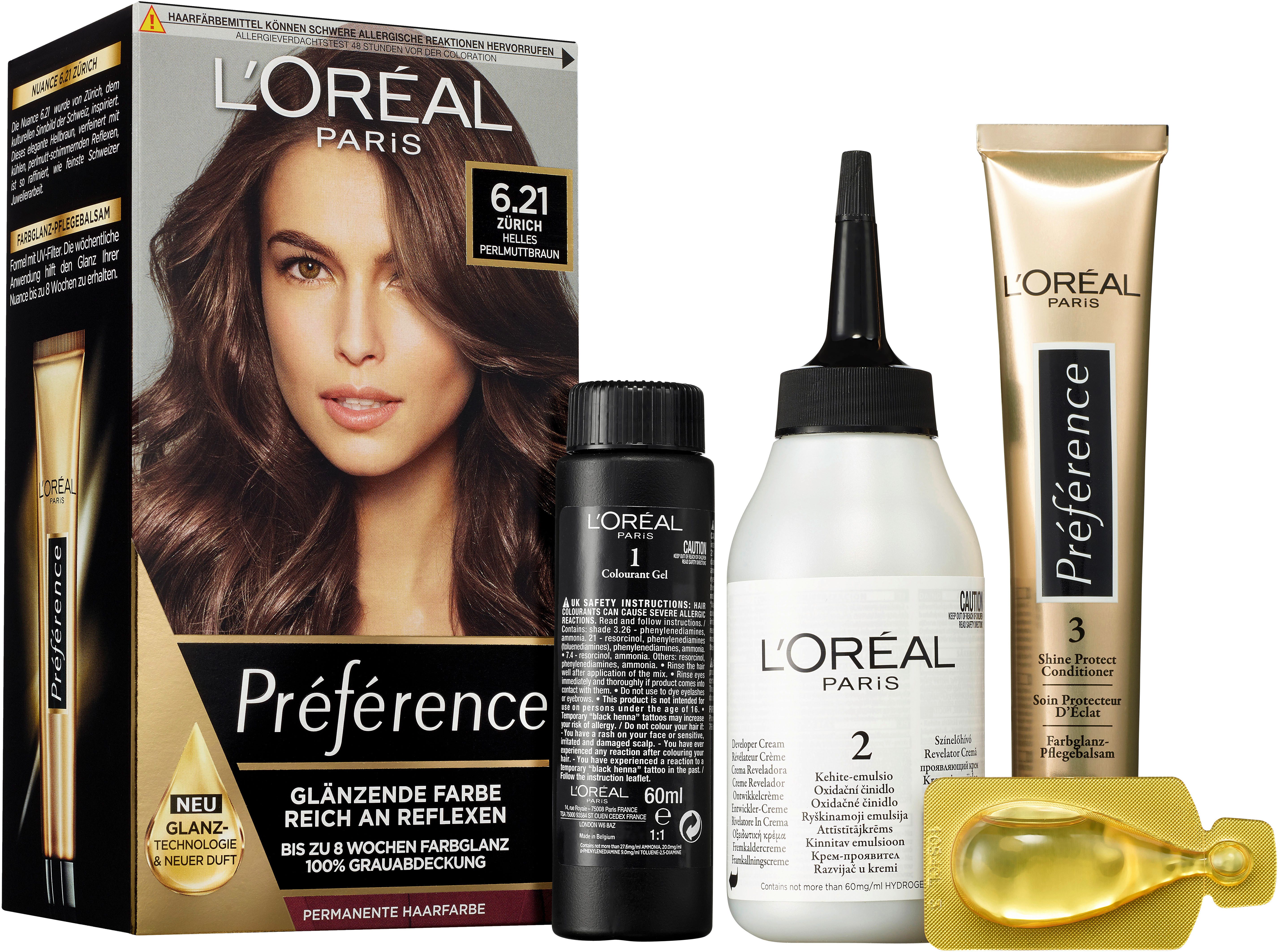 L'ORÉAL PARIS Coloration PRÉFÉRENCE HAARFARBE, Packung, 3-tlg., dauerhafte Haarcoloration mit 100% Grauabdeckung