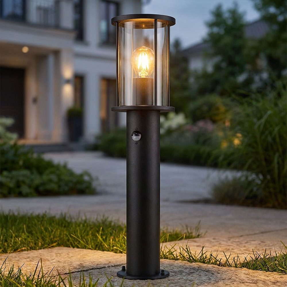 GLOBO LIGHTING LED Außen-Stehlampe, Leuchtmittel nicht inklusive, Stehleuchte Außen Metall schwarz Glas rauch Sensor D 14,3 cm