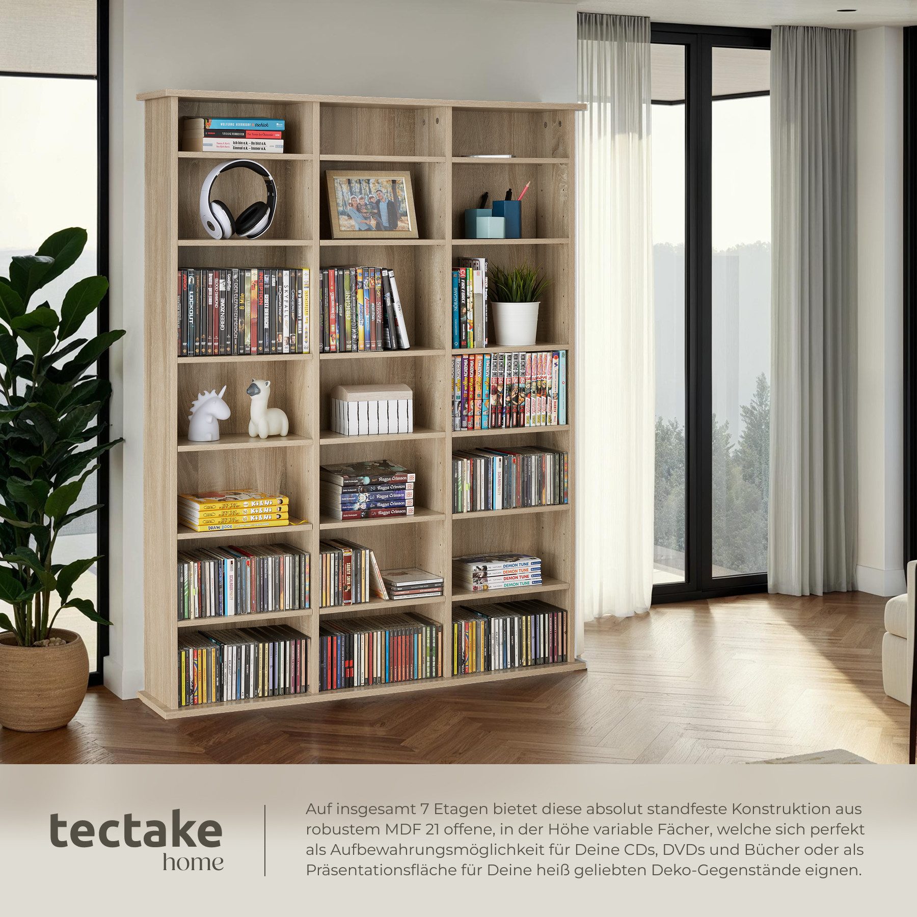 tectake CD-Regal Medienregal Stevie in Holzoptik 105,5x19x136,5cm, Sammlerset 1-tlg., höhenverstellbare und herausnehmbare Zwischenböden