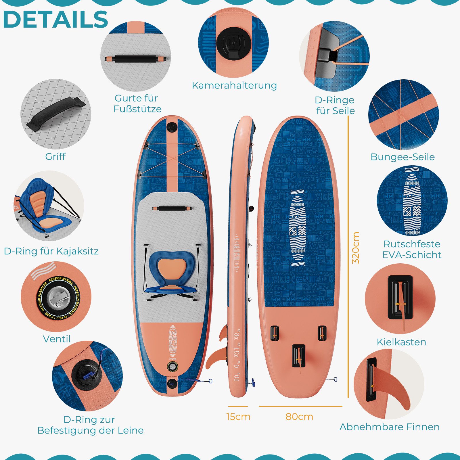 HOMALL Inflatable SUP-Board Stand-Up Paddle Board 330*78*15cm Tragkraft bis 130Kg, (2in1 Aufblasbares,Action-Cam-Halterung) – Bild 5 von 5
