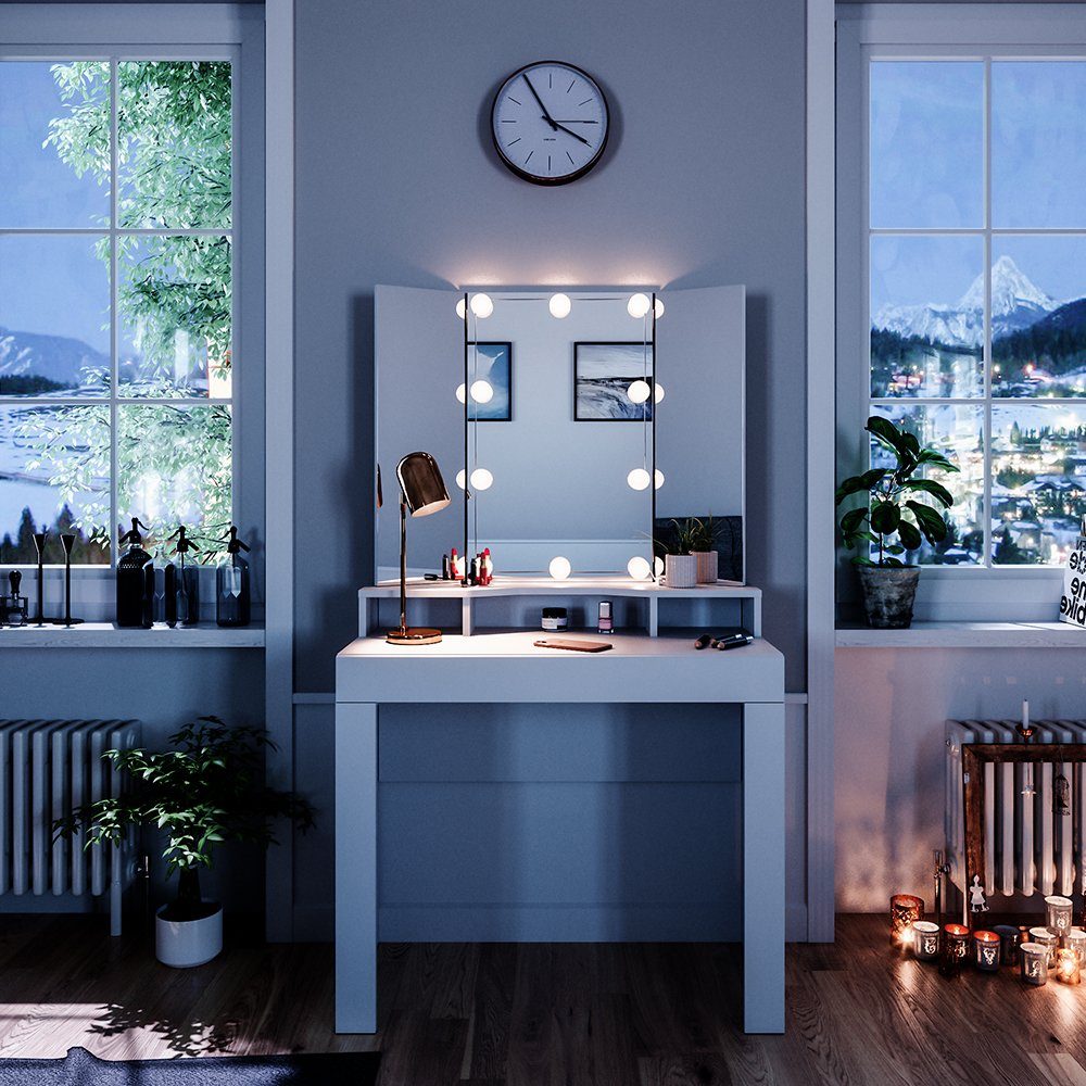 Schminktisch Nora, Weiß, 90 cm mit LED Beleuchtung