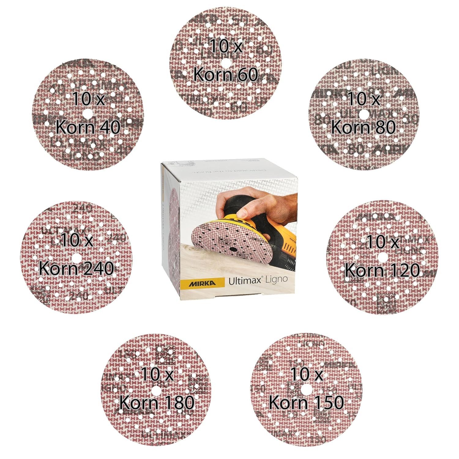 Mirka Schleifscheibe Ultimax Ligno, (70 St), Ø 125 mm, Mix-Pack 40/60/80/120/150/180/240, je 10 Stk