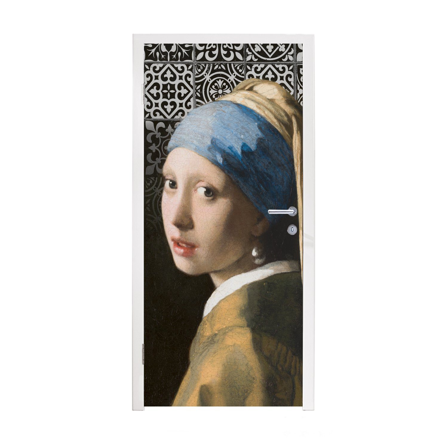 MuchoWow Türtapete Mädchen mit Perlenohrring - Vermeer - Kacheln, Matt, bedruckt, (1 St), Fototapete für Tür, Türaufkleber, 75x205 cm