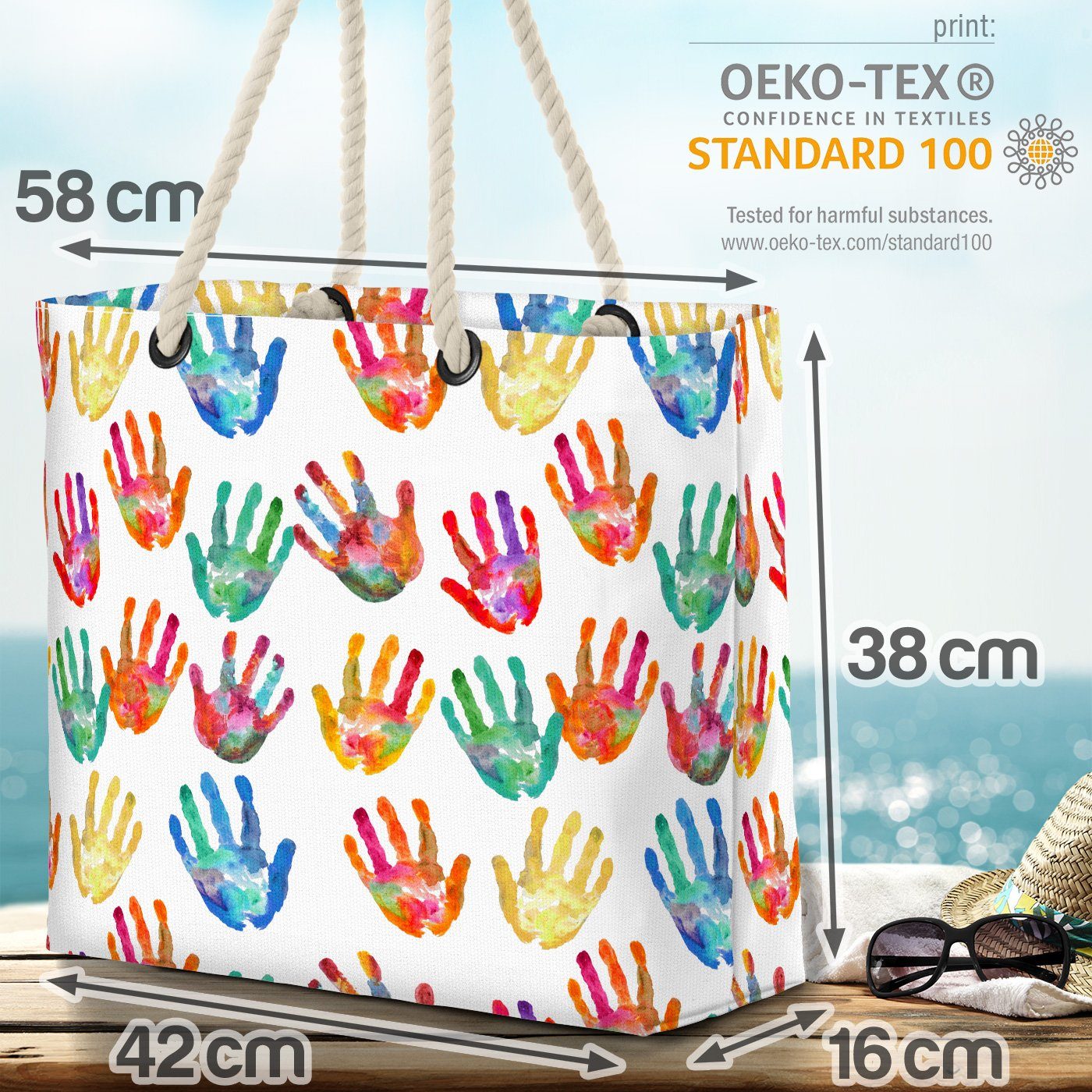 VOID Strandtasche (1-tlg), Bunte Baden Bag Handabdrücke Fingerfarben Modern Sommer Beach Bunt Kunst Sonne