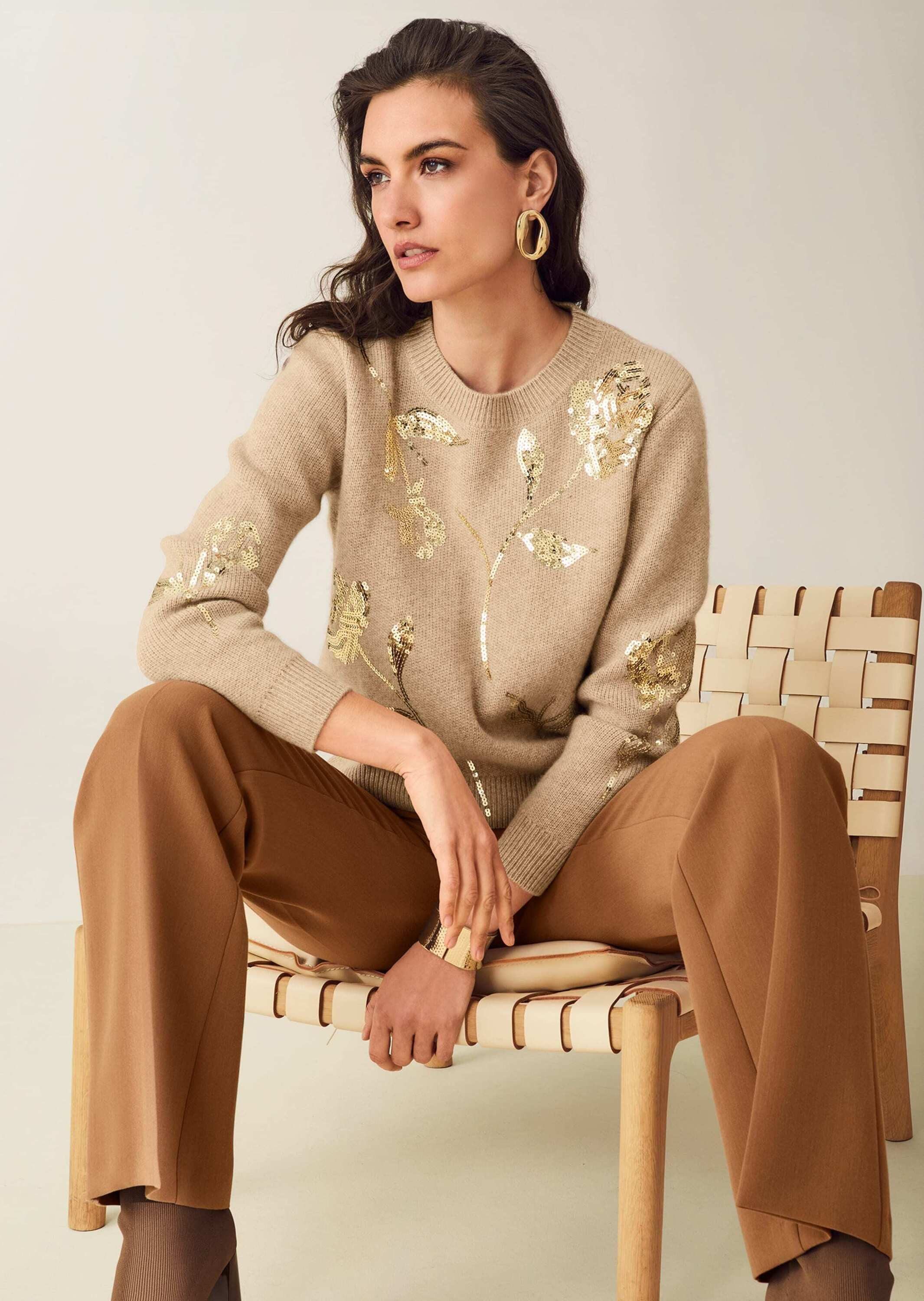 MADELEINE Strickpullover Glamouröser Wollpullover mit Pailletten Festlicher Pullover mit floralem Muster, Rundhals und langen Ärmeln