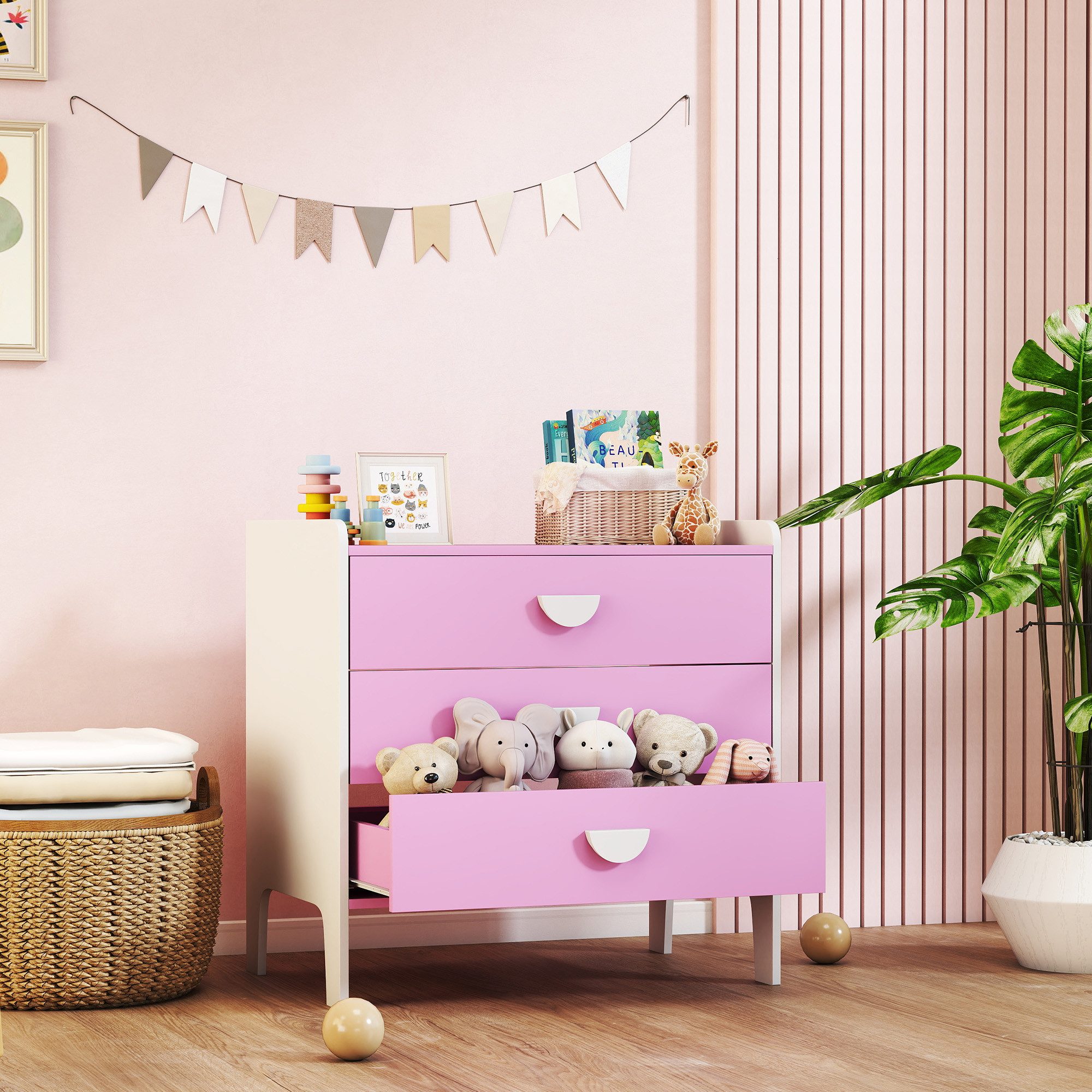 AIYAPLAY Kommode Kinderkommode 3 Schubladen, Schubladenschrank, Spielzeug-Organizer (Spielzeugschrank für Kinder, 1 St., Aufbewahrungsschrank), für Kinderzimmer, Wohnzimmer, 60 x 40 x 60 cm Rosa+Weiß