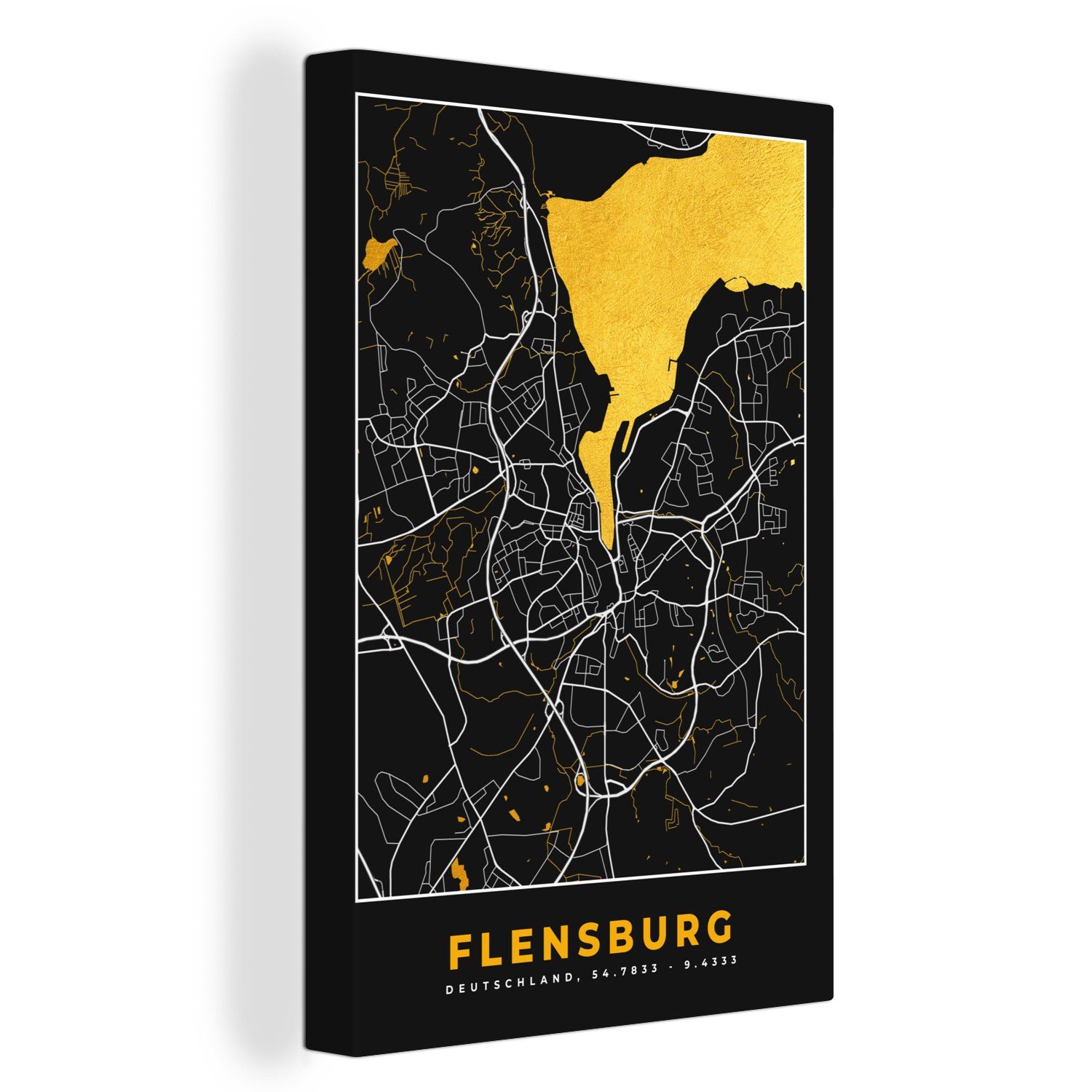 OneMillionCanvasses® Leinwandbild - 20x30 Deutschland, - Stadtplan (1 cm bespannt Karte - Gemälde, Flensburg Leinwandbild St), fertig Zackenaufhänger, inkl. Gold 