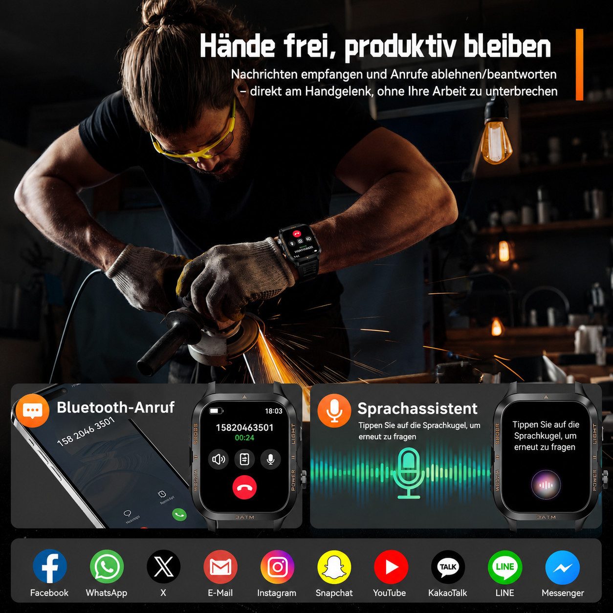 ibettertec Herren Smartwatch Outdoor mit Telefonfunktion, Smartwatch (4,98 cm) Militärische Fitnessuhr mit Bluetooth-Anruf, LED-Taschenlampe, 100 Tage Akku, 3ATM wasserdicht, Pulsmesser, Schlafmonitor, Sport Smartwatch für Android iOS