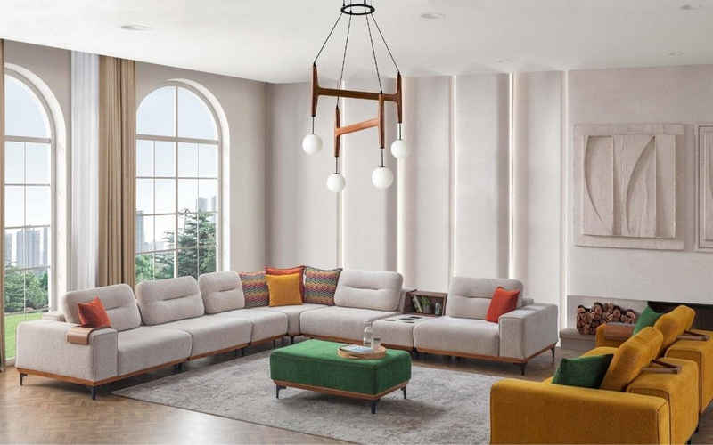 JVmoebel Wohnzimmer-Set Designer Wohnzimmer Ecksofa Luxus L-Form Couch Polster Hocker, (2-St., Ecksofa, Hocker), Made in Europa
