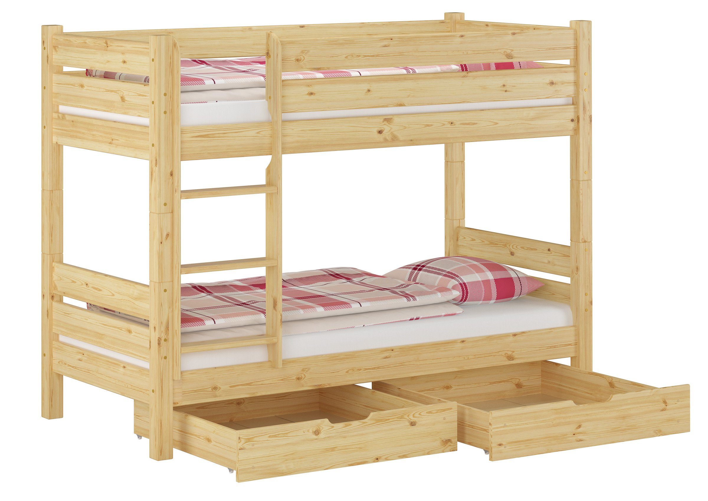 ERST-HOLZ Etagenbett Kinderetagenbett 90x200 mit Bettkasten, Rollrost und Matratzen