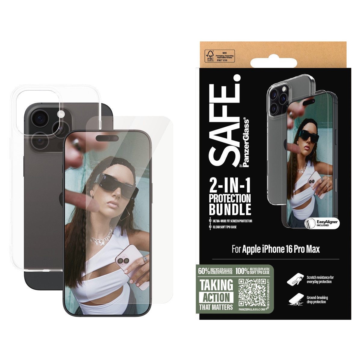 SAFE by PanzerGlass Displayschutzglas 2-in-1 Protection Bundle, Glass, Soft TPU Case für Apple iPhone 16 Pro Max, Displayschutzfolie, Schutzfolie, Bildschirmschutz, kratz- & stoßfest