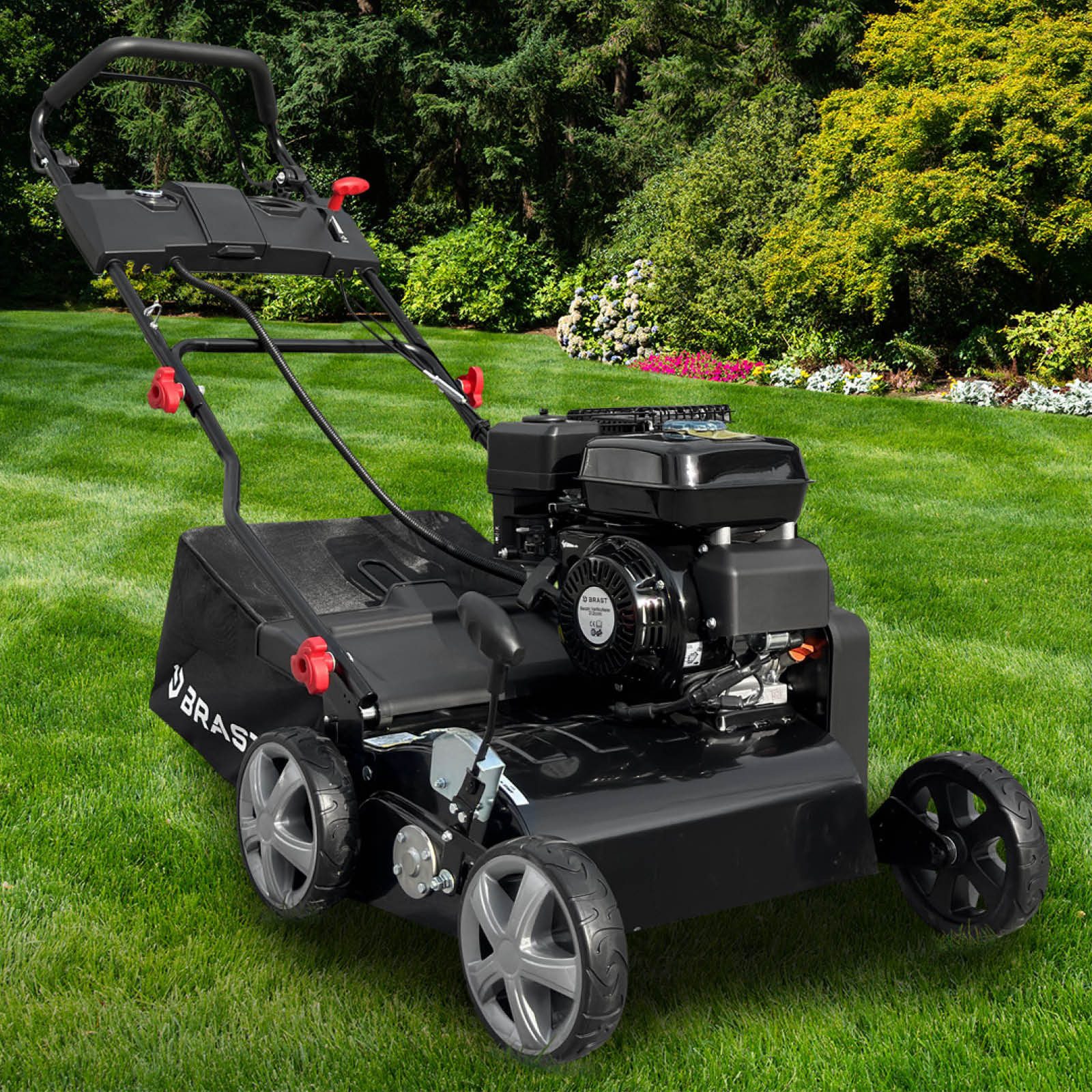 BRAST Benzin-Vertikutierer / Lüfter 4,5kW (6,12PS), 4-Takt Motor 212ccm, 45 cm Arbeitsbreite, (Elektro-Start-Funktion), TÜV geprüft, 50L Fangkorb