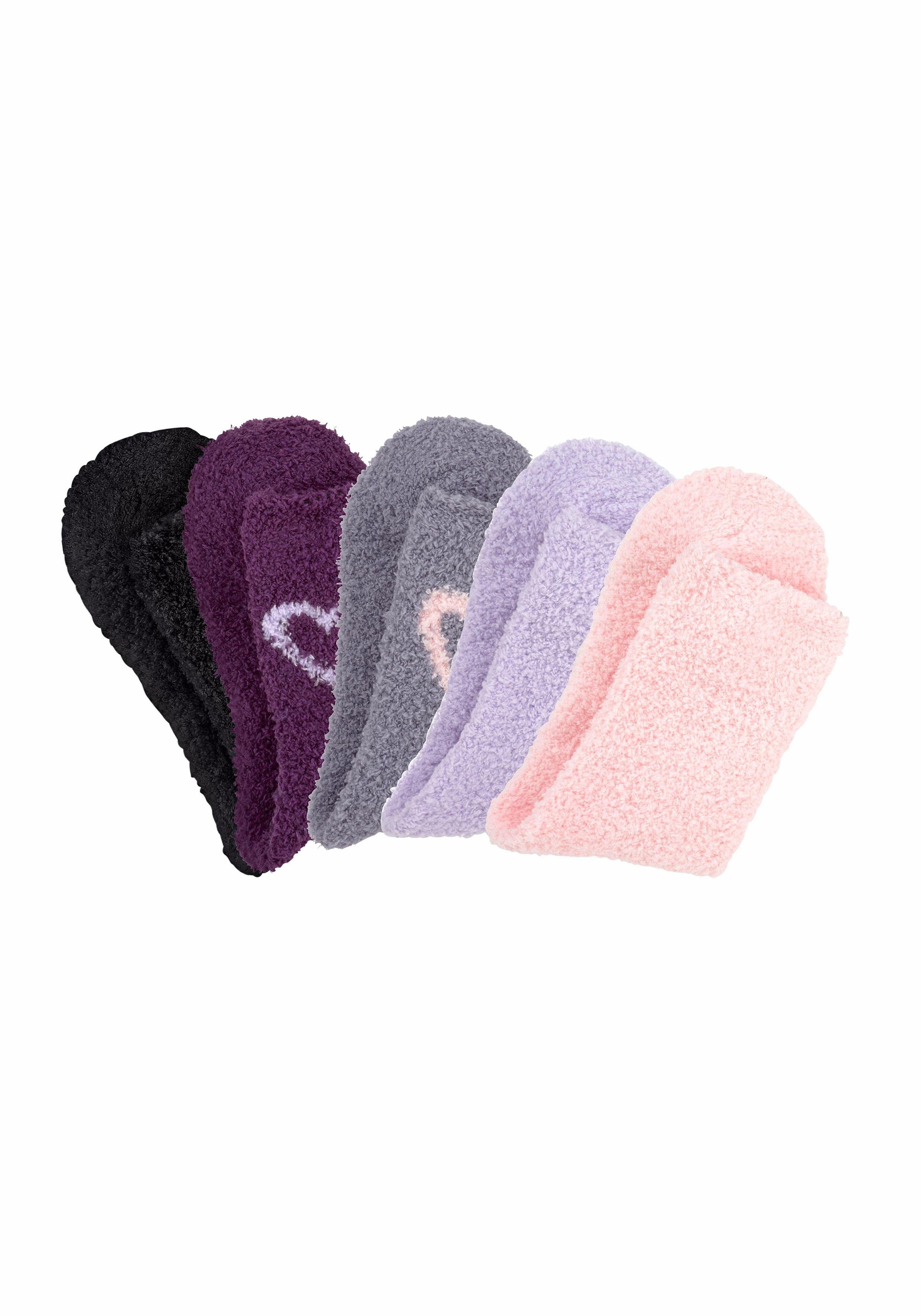 Lavana Kuschelsocken Damen Flauschige Wintersocken Haussocken Bittsocken (Packung, 5-Paar) mit Herzen am Bund