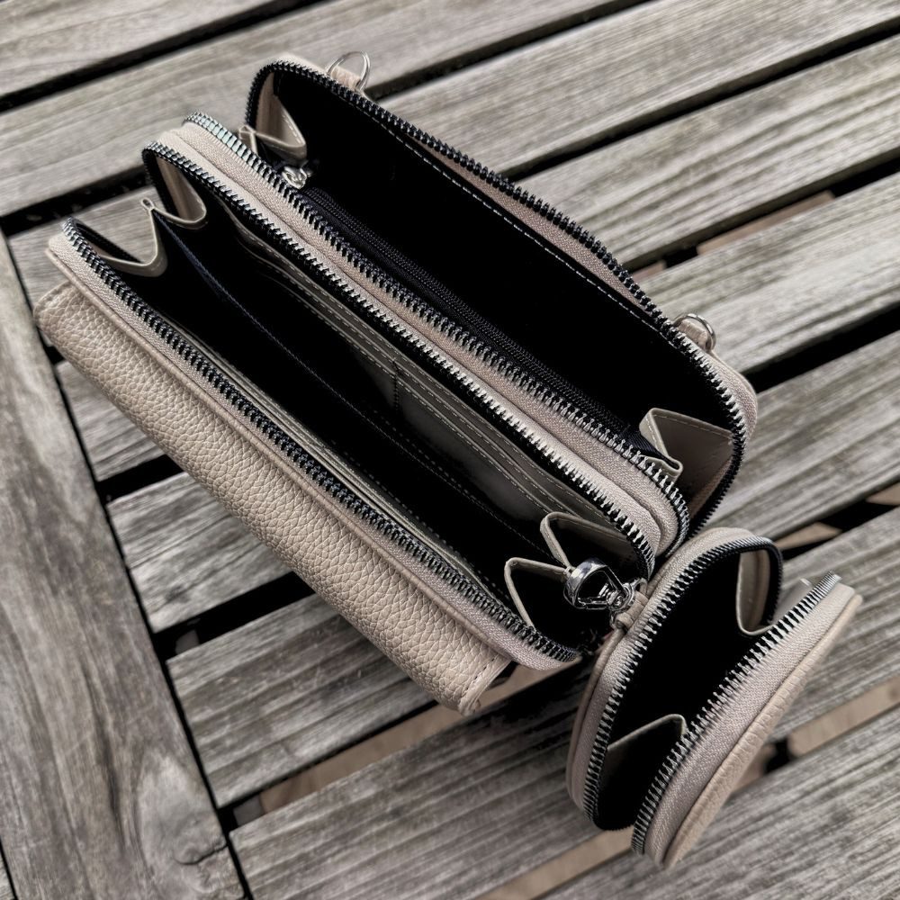 MAONI Geldbörse Geldbörse und Handytasche zum Umhängen - Schwarz (Packung, Handytasche zum Umhängen, einfarbiger Taschengurt, Münztasche), Vegan, Taschengurt auswechselbar, mit Handyfach