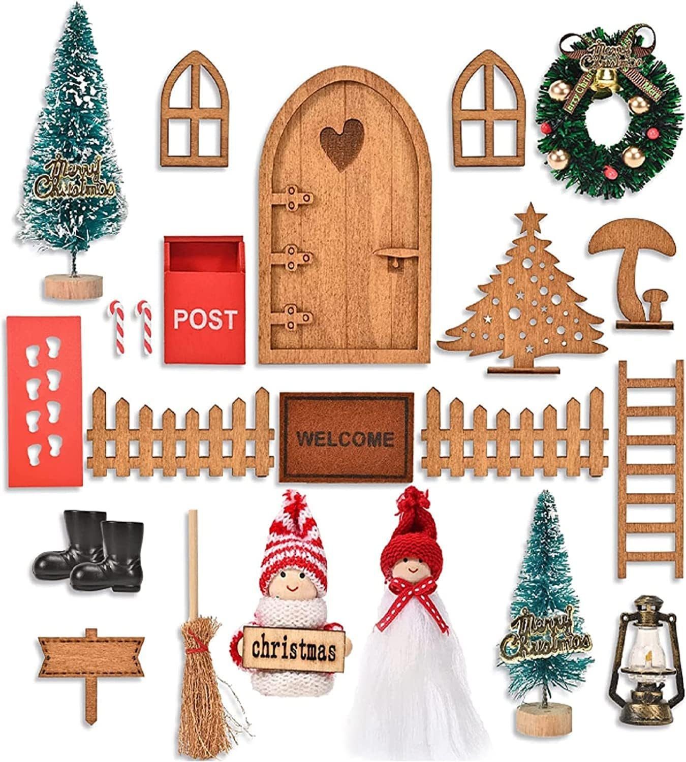 XDeer Kreativset Wichteltür Set,Wichteltür Zubehör Weihnachten,Weihnachtsdeko Elfentür, Miniatur WichtelZubehör,Kinderzimmer Dekor Geschenk für Weihnachten Holzfarbe
