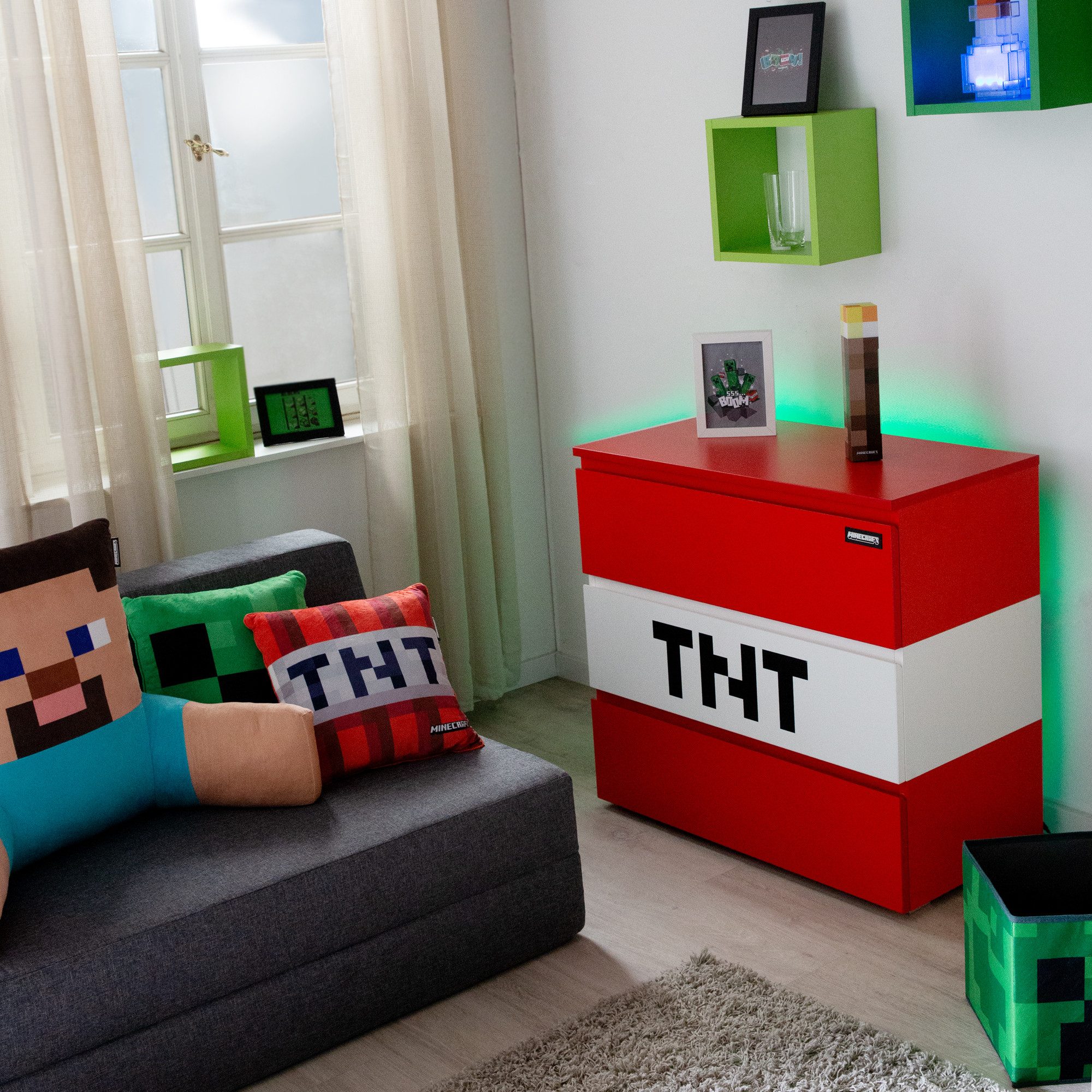 Minecraft Kommode TNT mit 3 Schubladen - roter / weißer Korpus aus Holz, Sideboard aus Holz mit Soft-Close - in Minecraft TNT Design