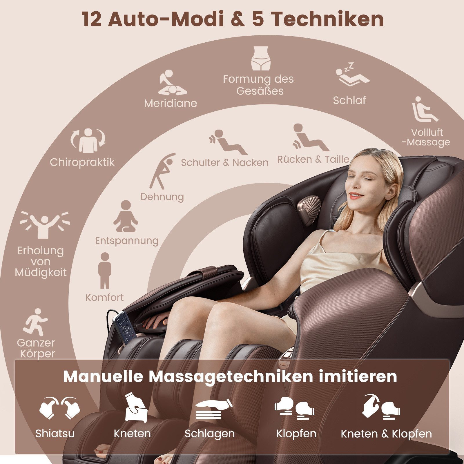 COSTWAY Massagesessel, mit Wärme-&Liegefunktion Sprachsteuerung Zero Gravity