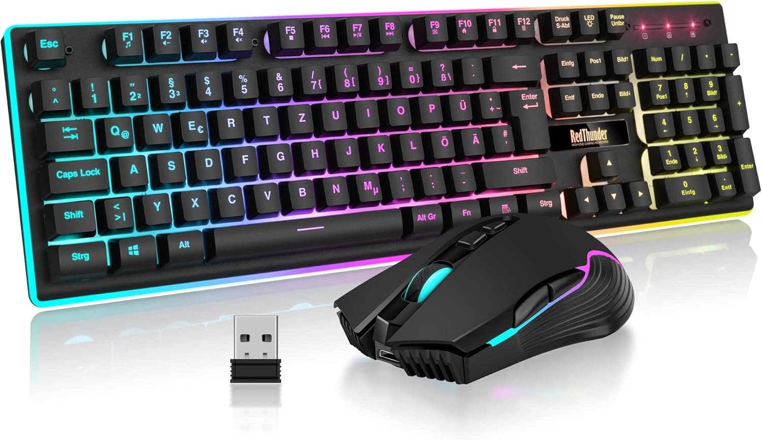 RedThunder Kabelloses Gaming Tastatur Maus Set RGB 3200 DPI Tastatur- und Maus-Set, Wiederaufladbares Wireless Gaming Set mit LED Beleuchtung & Akku Power