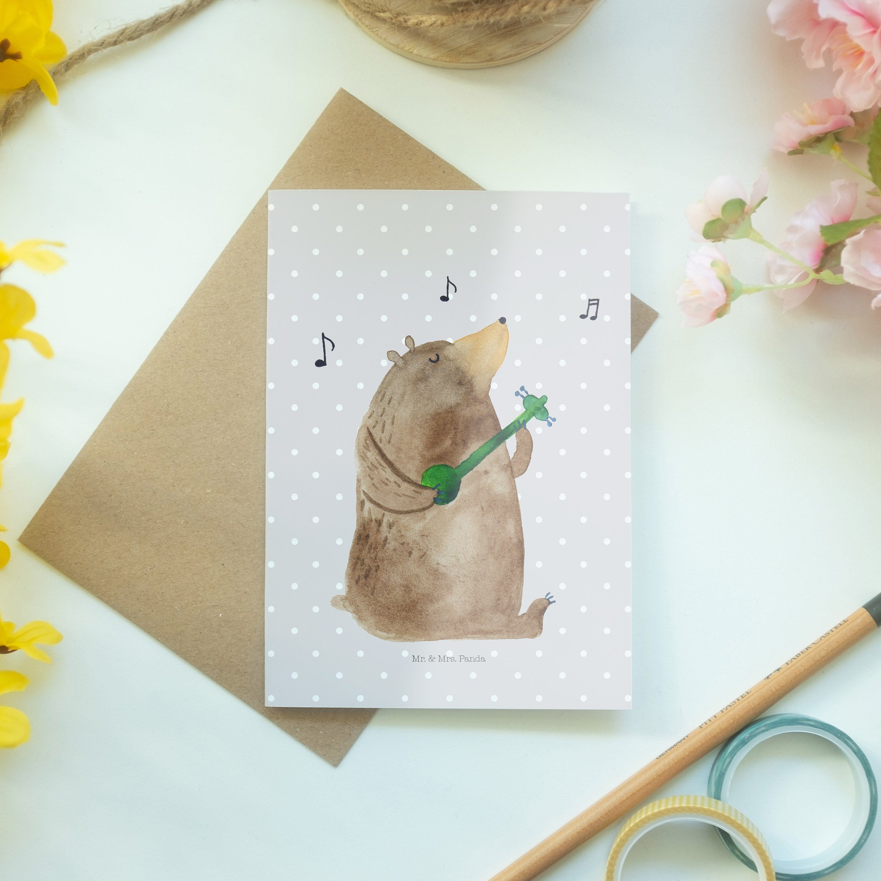 Panda & Mr. Bär Geschenk, Grußkarte Grau - Karte, - Mrs. Geburtstagskarte, Einla Gitarre Pastell